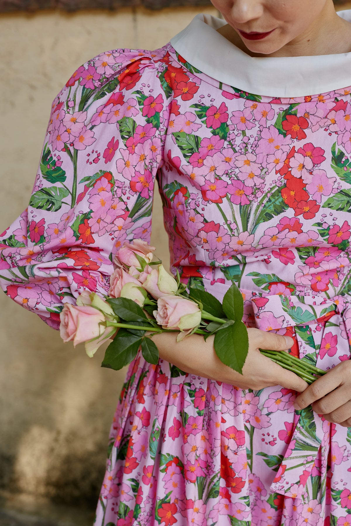Rochie Midi din Bumbac cu Flori Roz