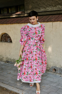 Rochie Midi din Bumbac cu Flori Roz