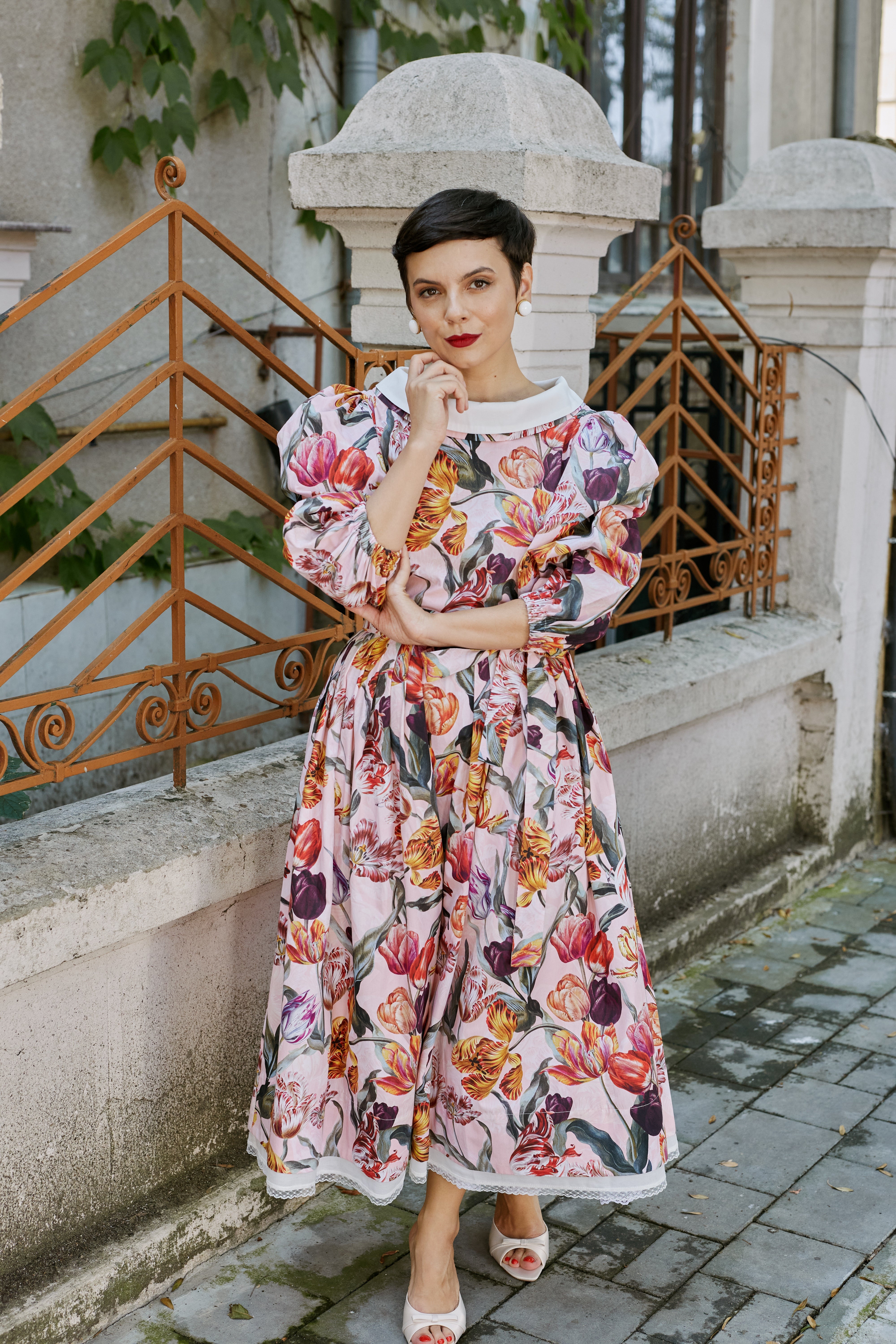 Rochie Midi din Bumbac cu Imprimeu de Lalele