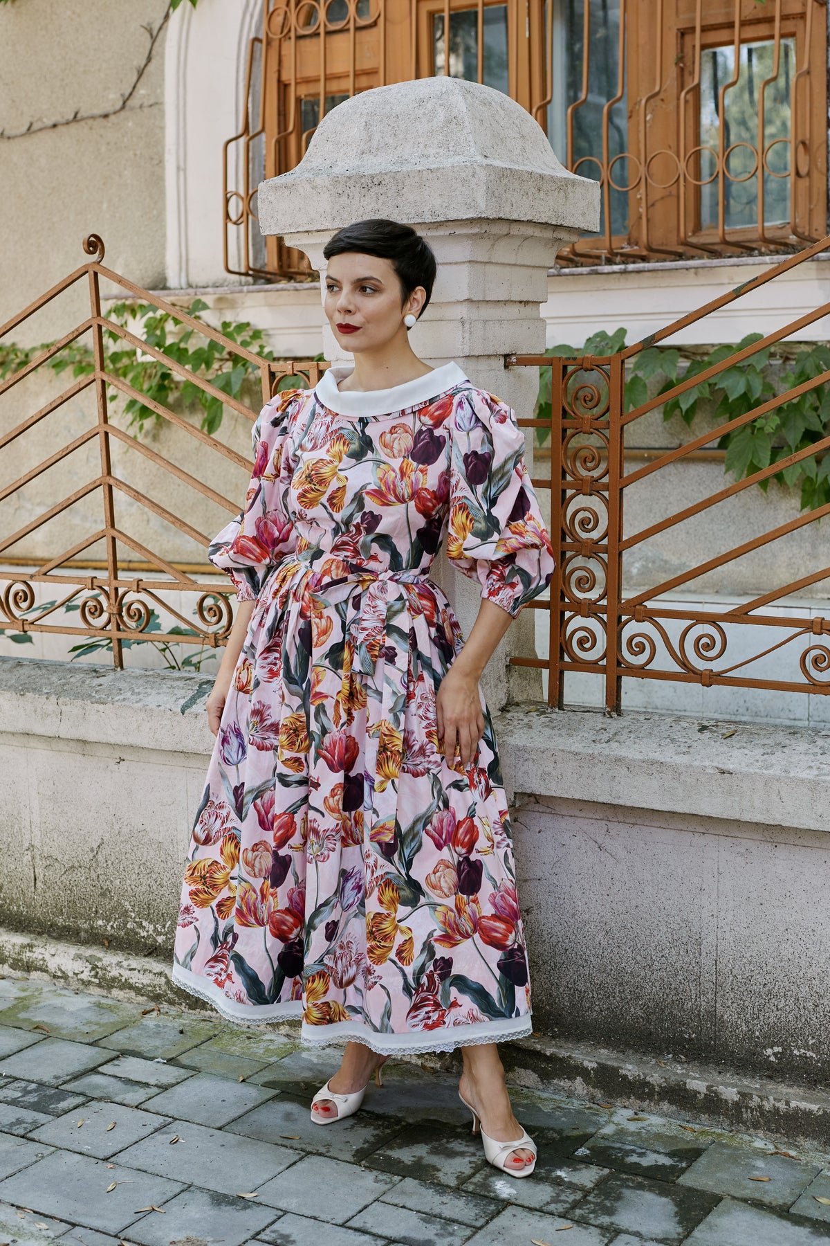 Rochie Midi din Bumbac cu Imprimeu de Lalele