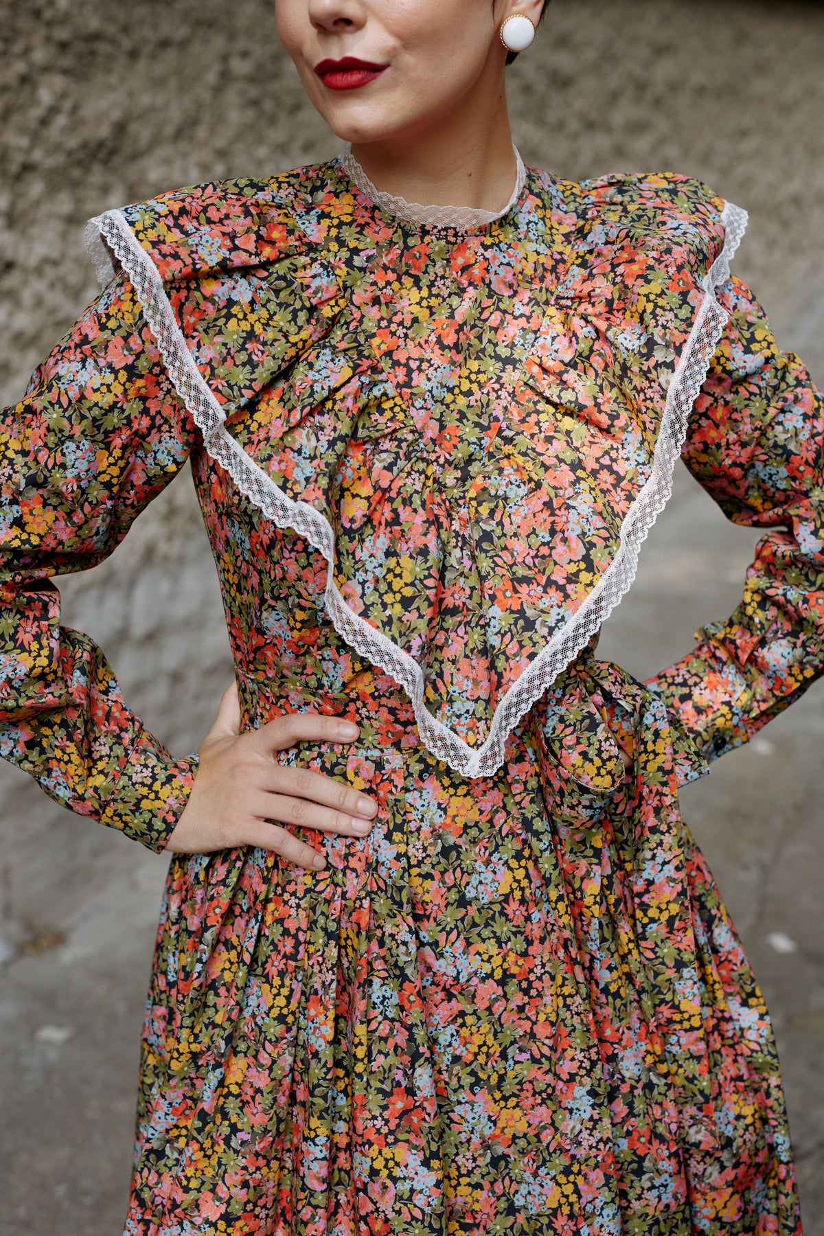 Rochie Midi Multicolor din Bumbac cu Volane si Dantela
