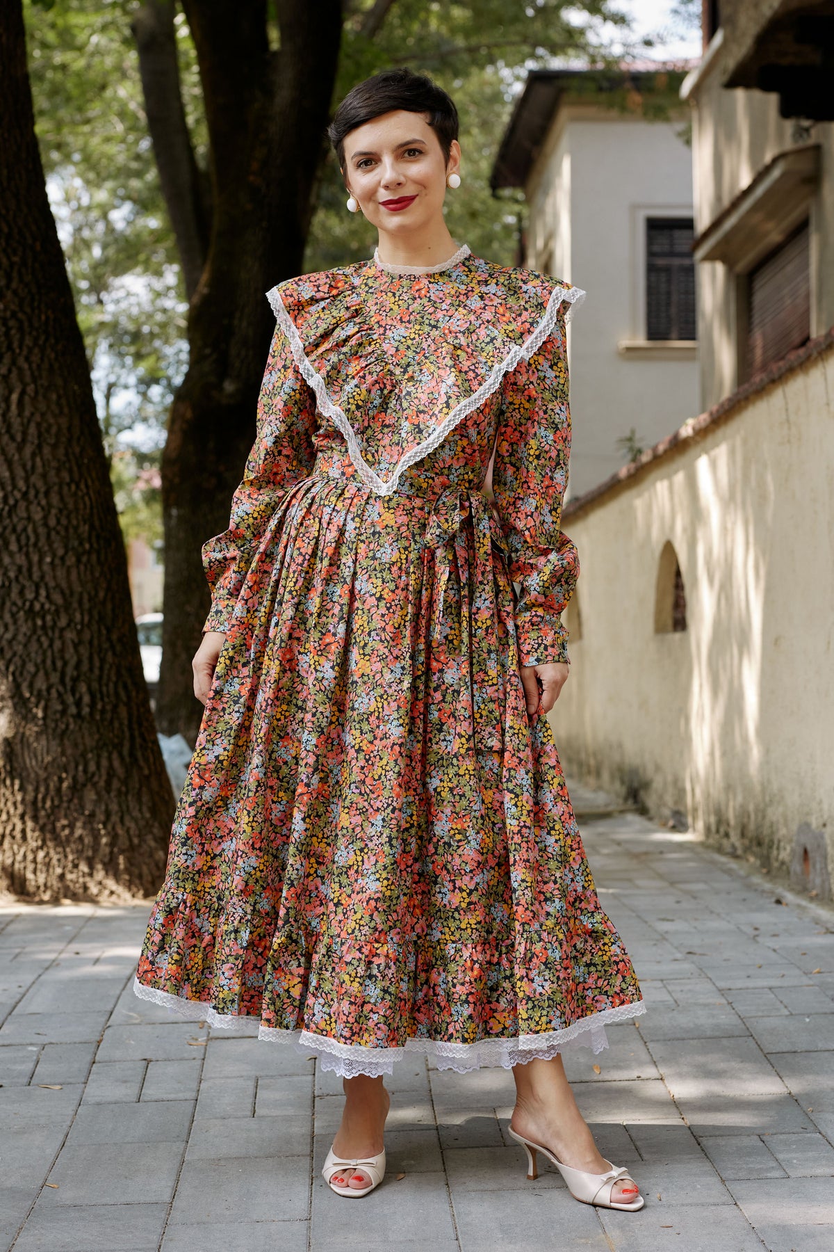 Rochie Midi Multicolor din Bumbac cu Volane si Dantela
