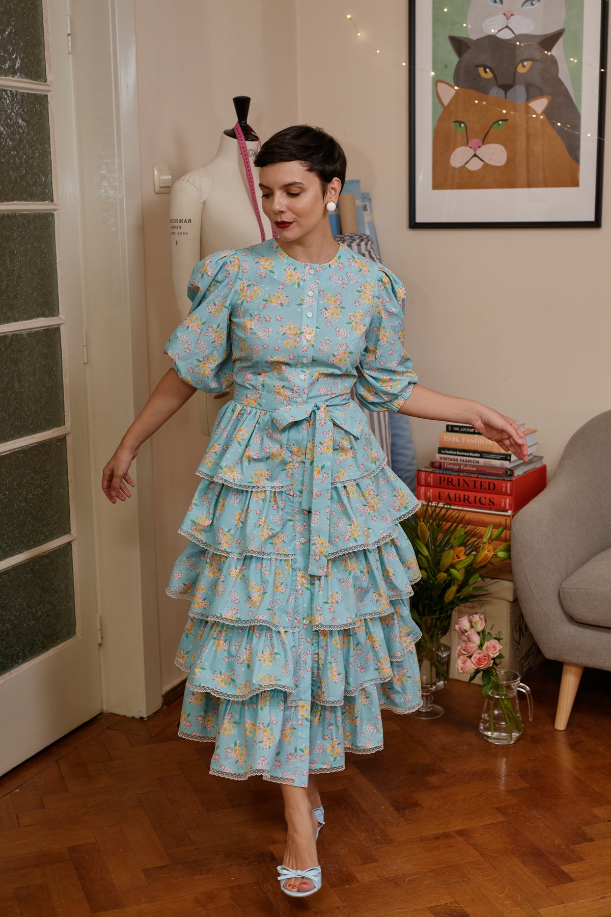 Rochie Midi din Bumbac Aqua cu Volane si Dantela