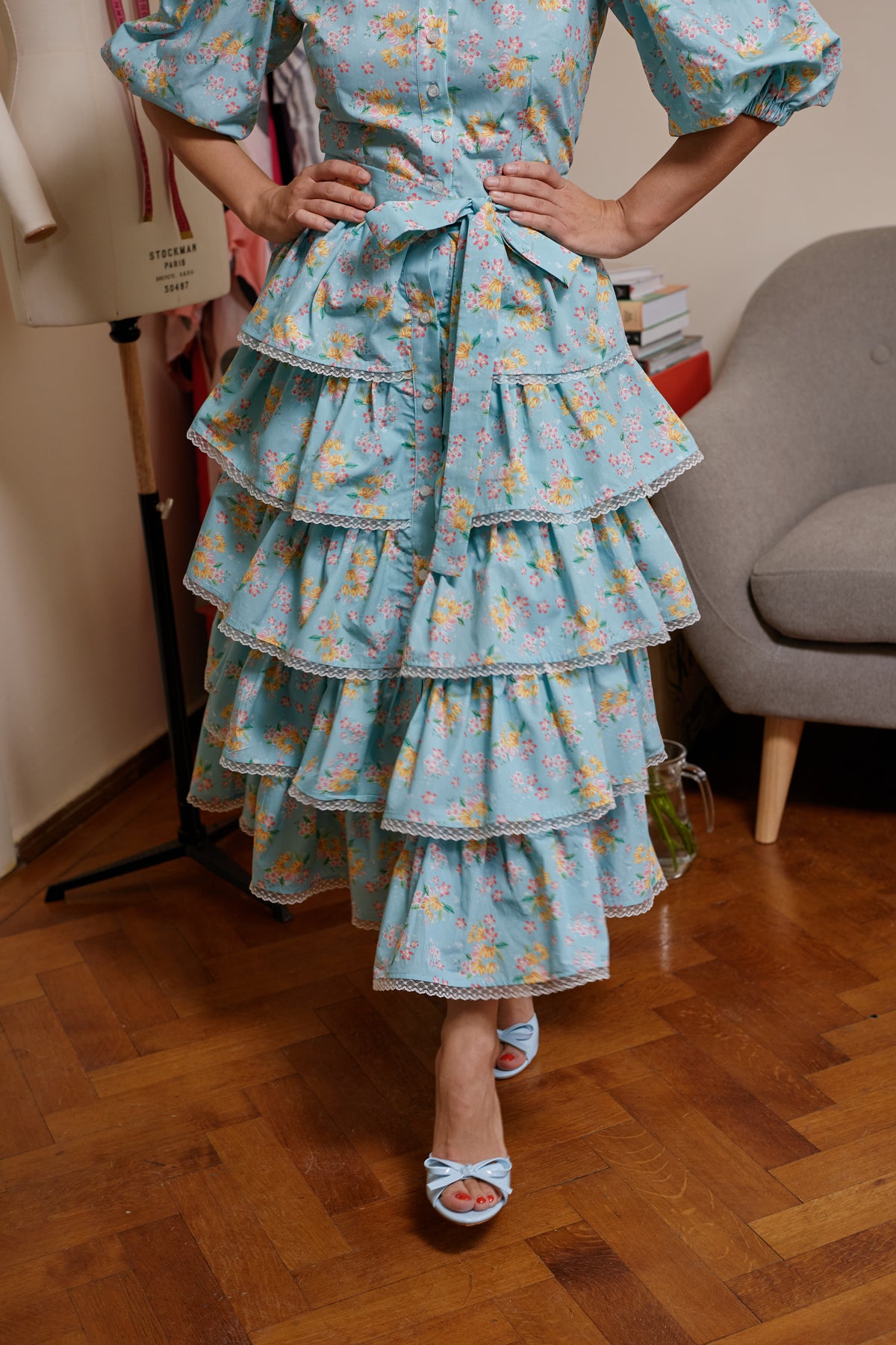 Rochie Midi din Bumbac Aqua cu Volane si Dantela