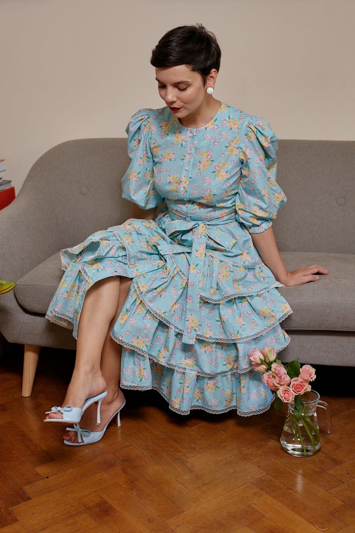 Rochie Midi din Bumbac Aqua cu Volane si Dantela