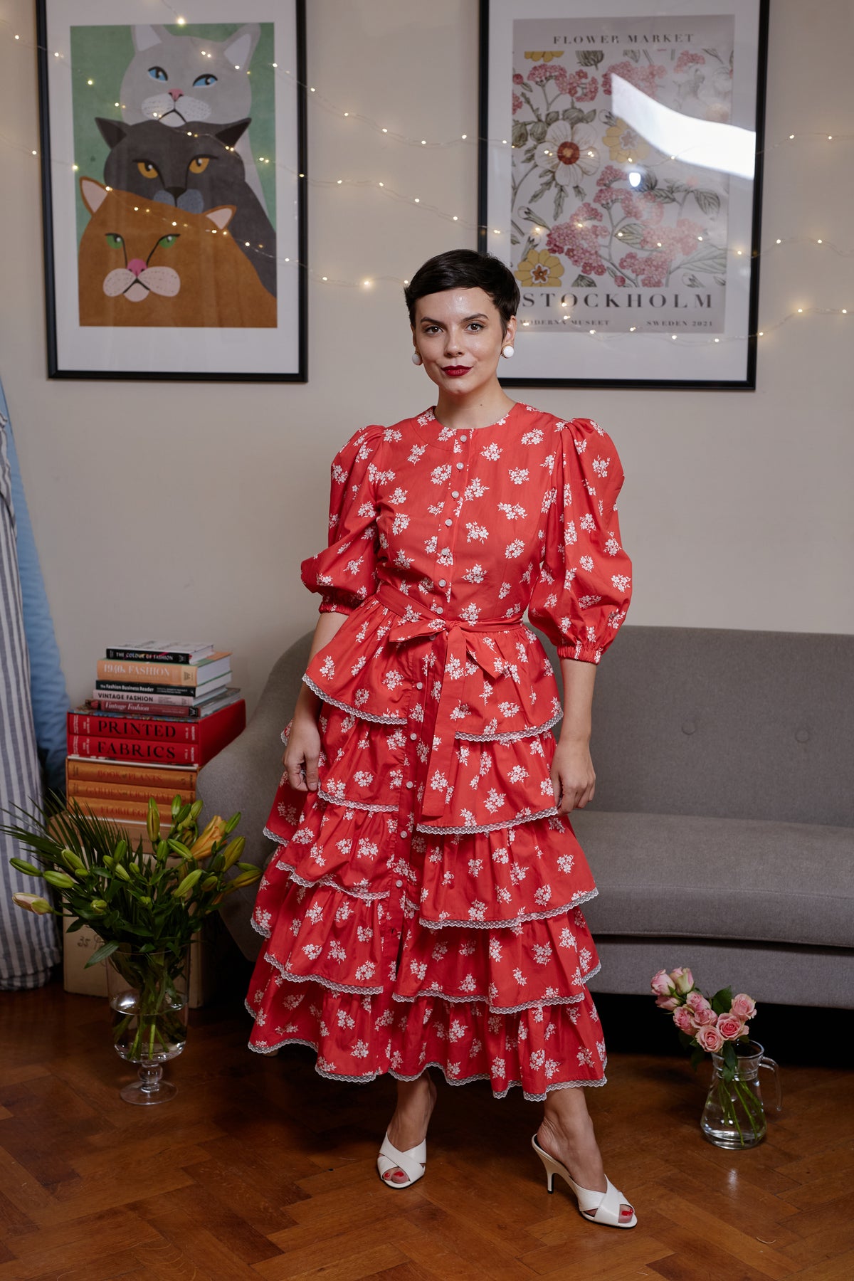 Rochie Midi din Bumbac Corai cu Volane si Dantela