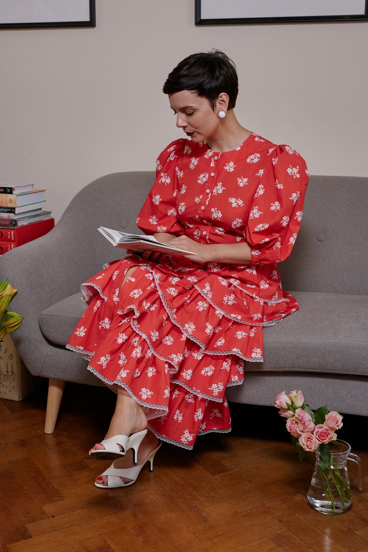 Rochie Midi din Bumbac Corai cu Volane si Dantela