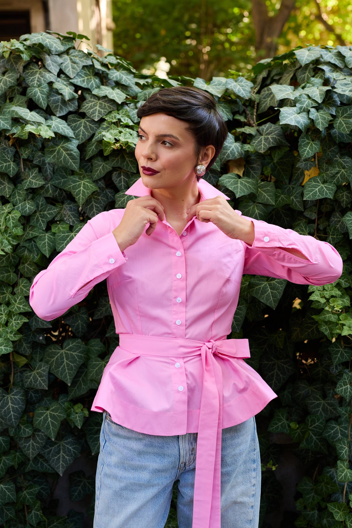 Camasa cu Peplum, din Bumbac Roz