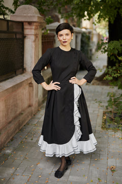 Rochie Midi din Bumbac Negru cu Volan Alb
