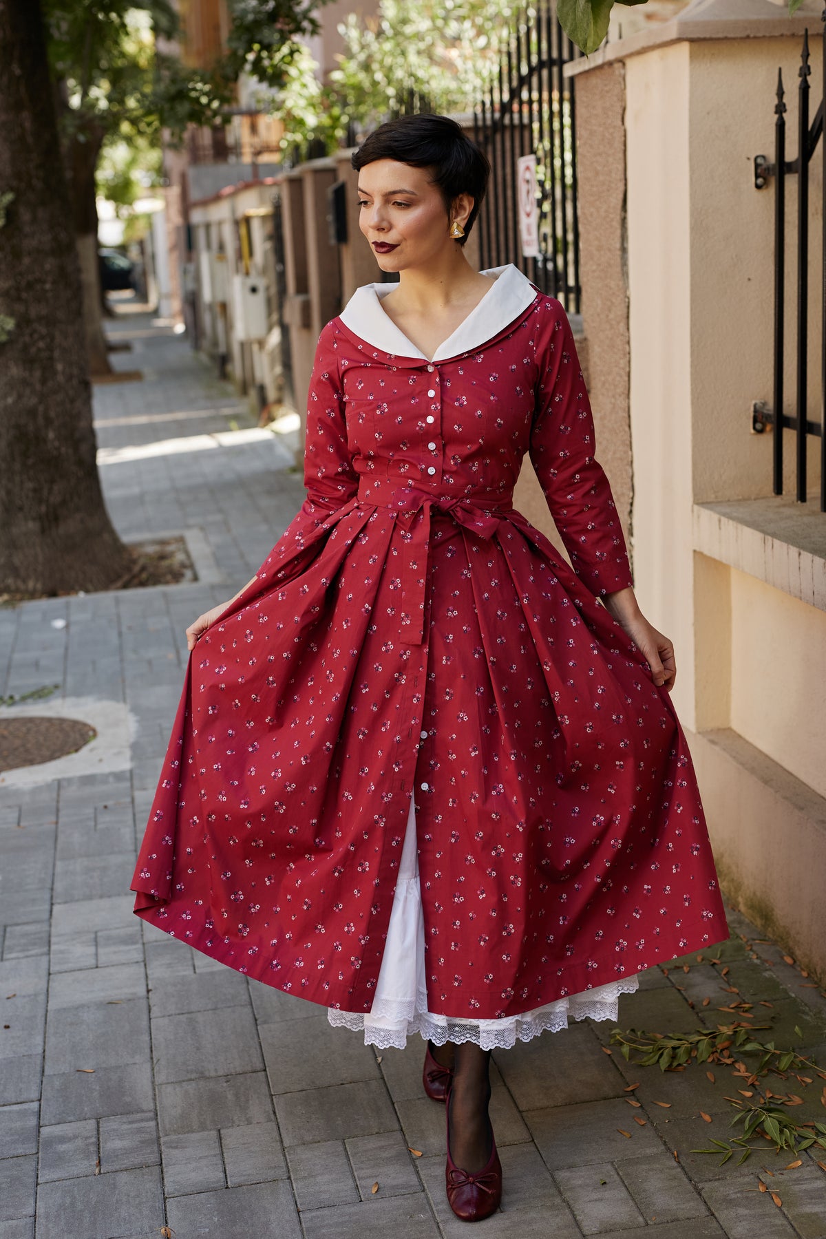 Rochie Camasa Midi din Bumbac Bordo cu Guler Alb