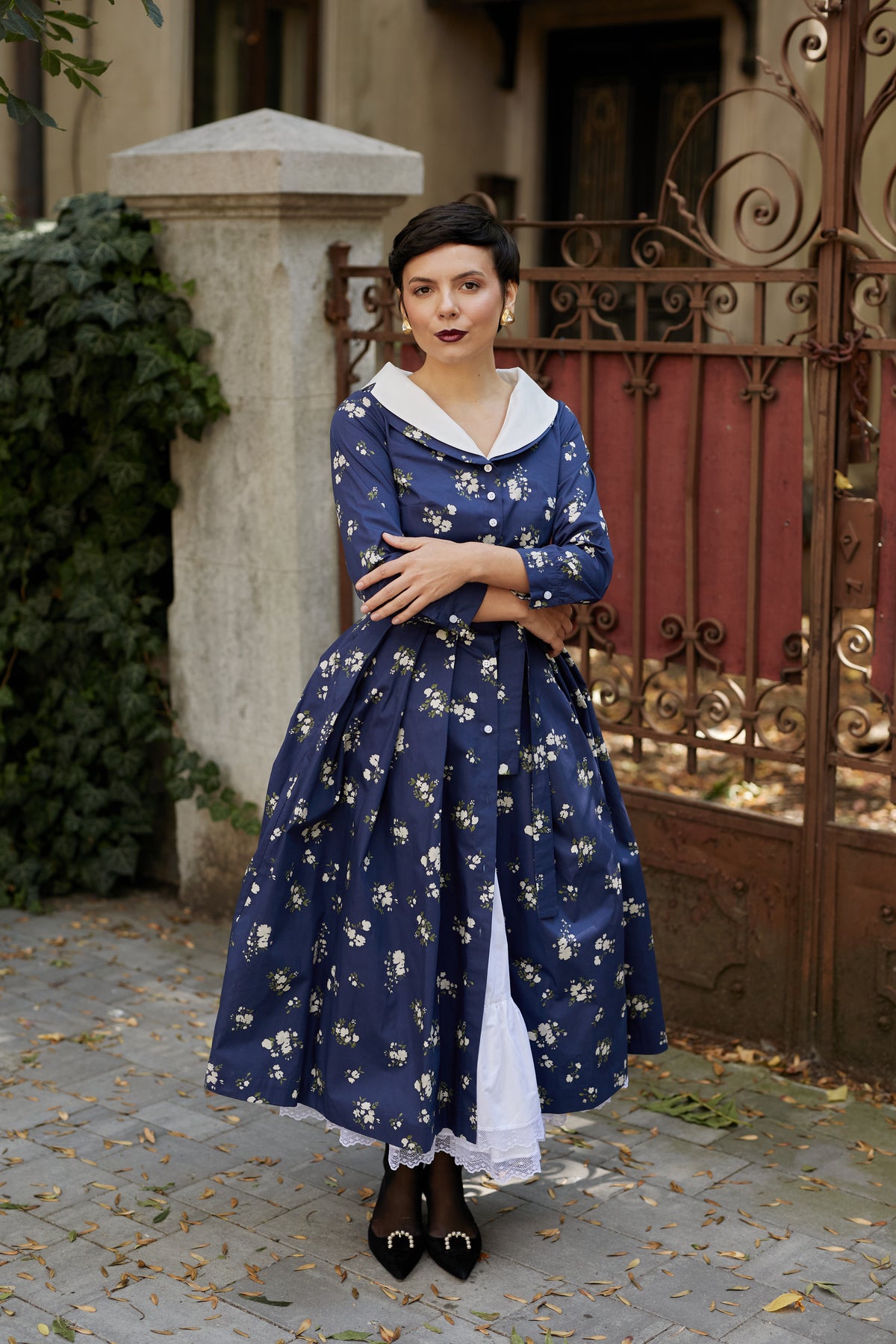 Rochie Camasa Midi din Bumbac Bleumarin cu Guler Alb