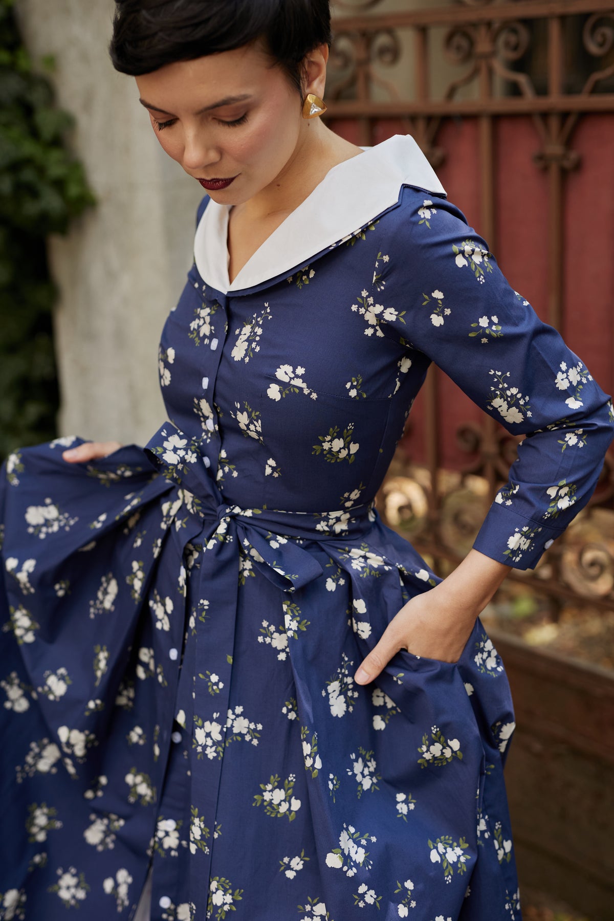 Rochie Camasa Midi din Bumbac Bleumarin cu Guler Alb