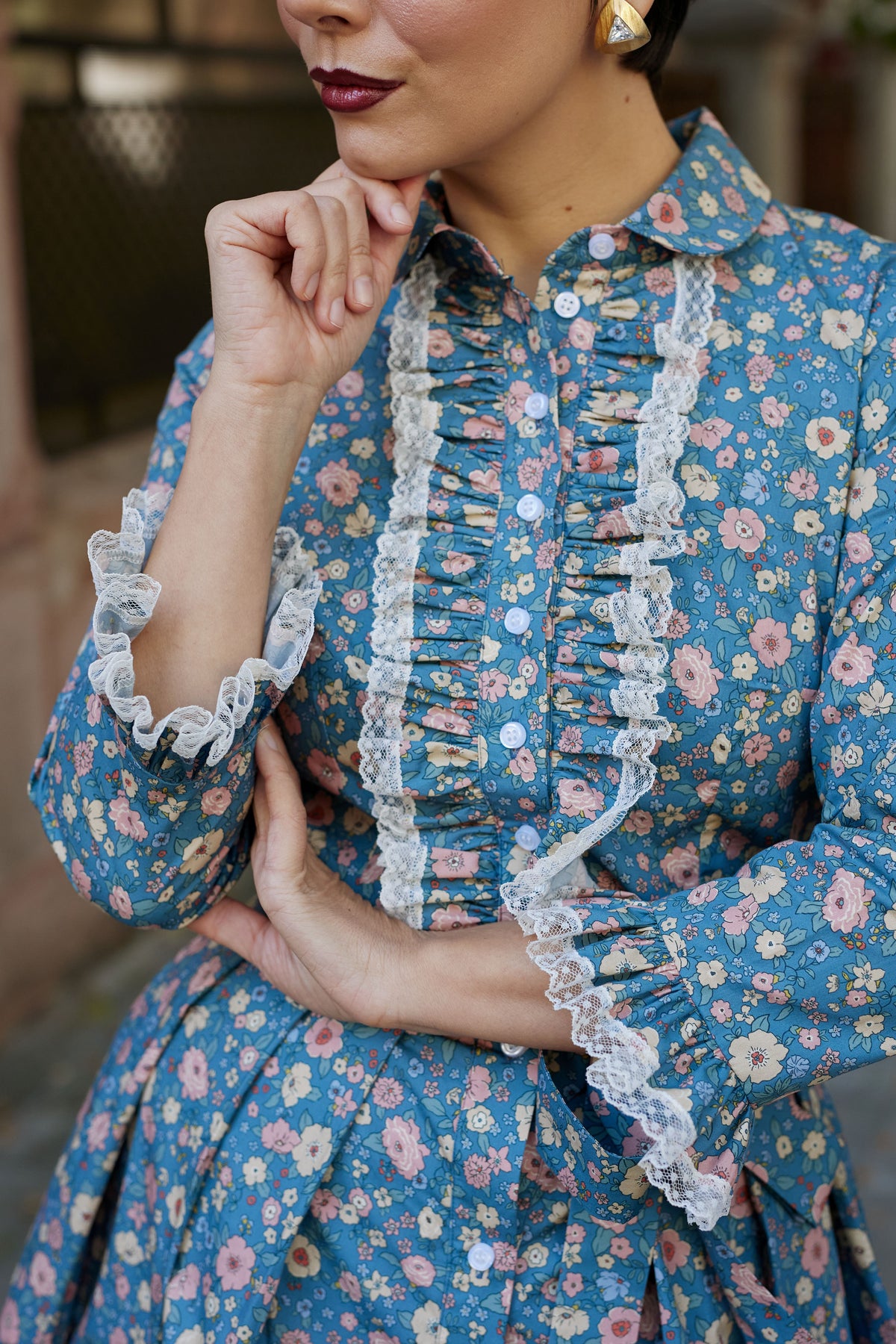 Floral and Striped Midi Shirt Dress, Blue