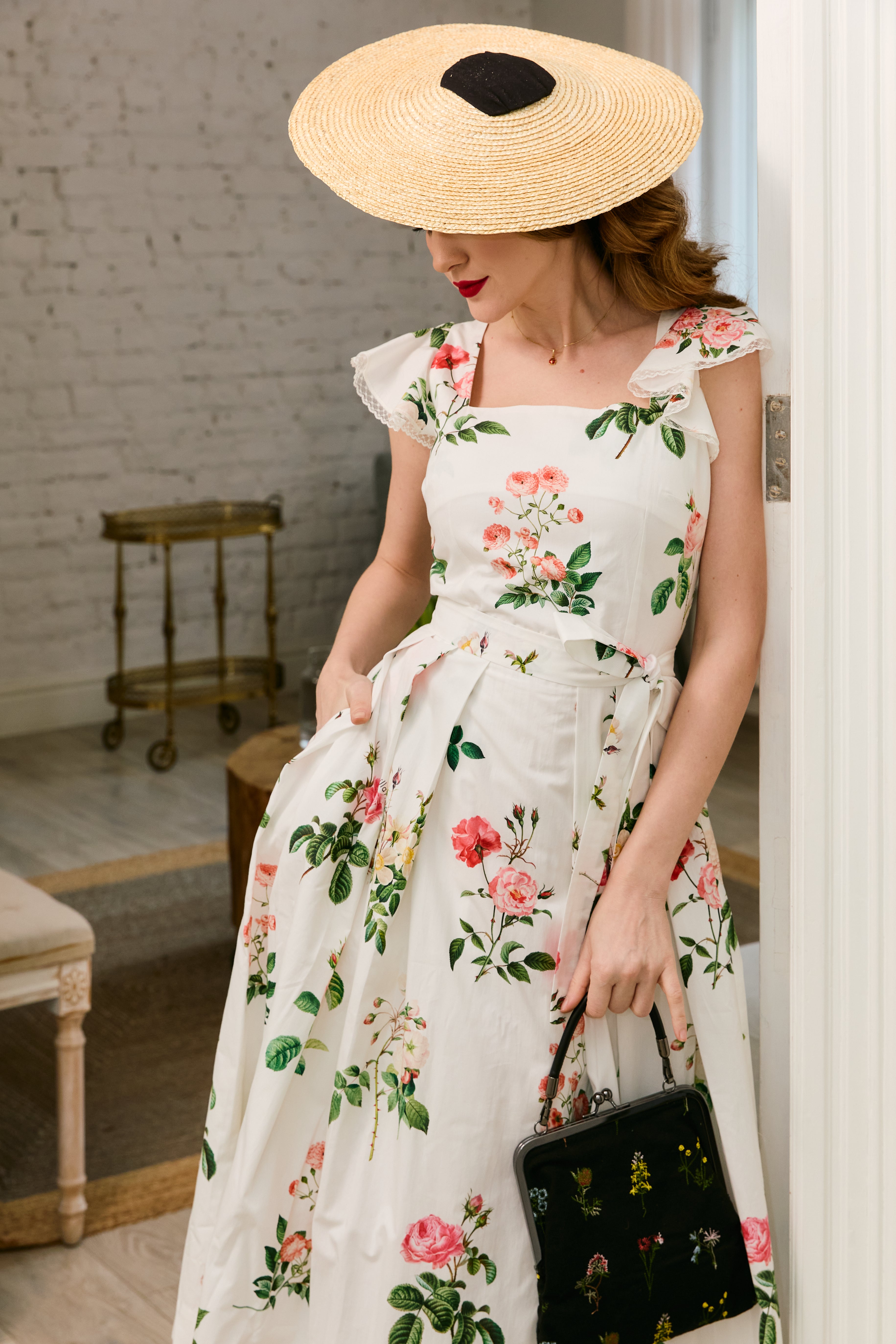 Rochie Midi cu Aripioare si Imprimeu de Trandafiri Roz, din Bumbac