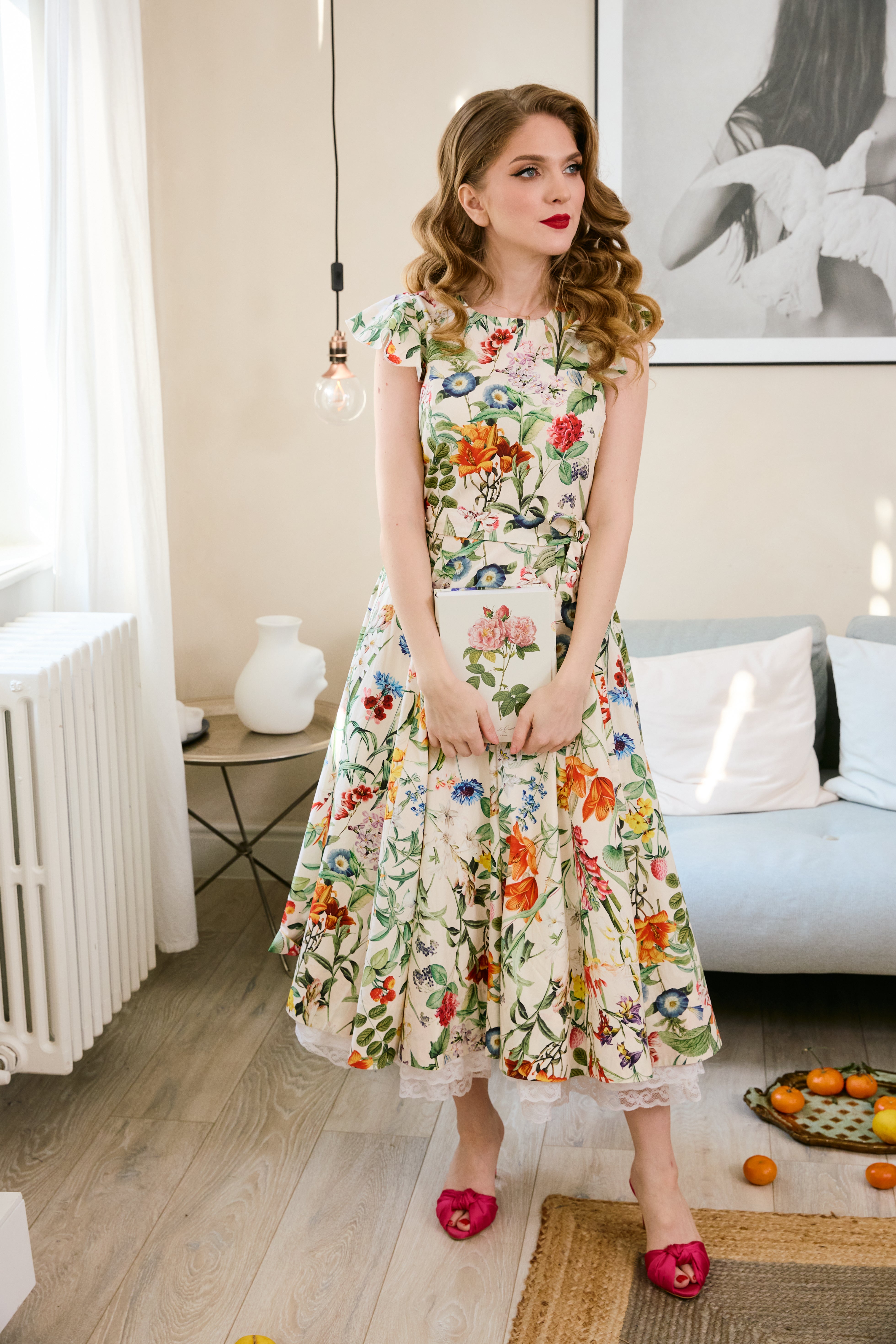 Rochie Midi cu Aripioare si Print Botanic pe Bej, din Bumbac
