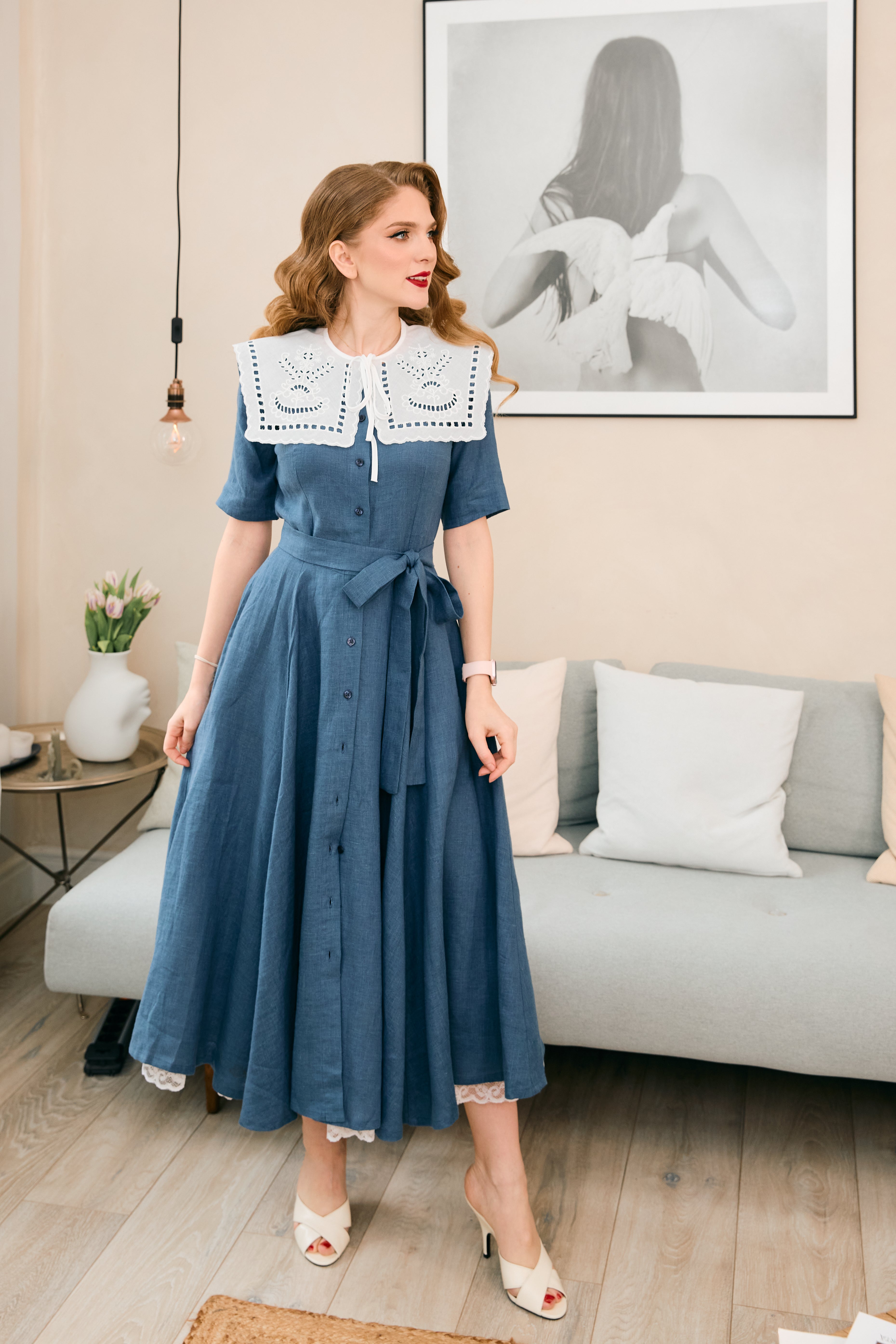 Rochie Camasa Midi, cu Guler Patrat, din In Albastru Petrol