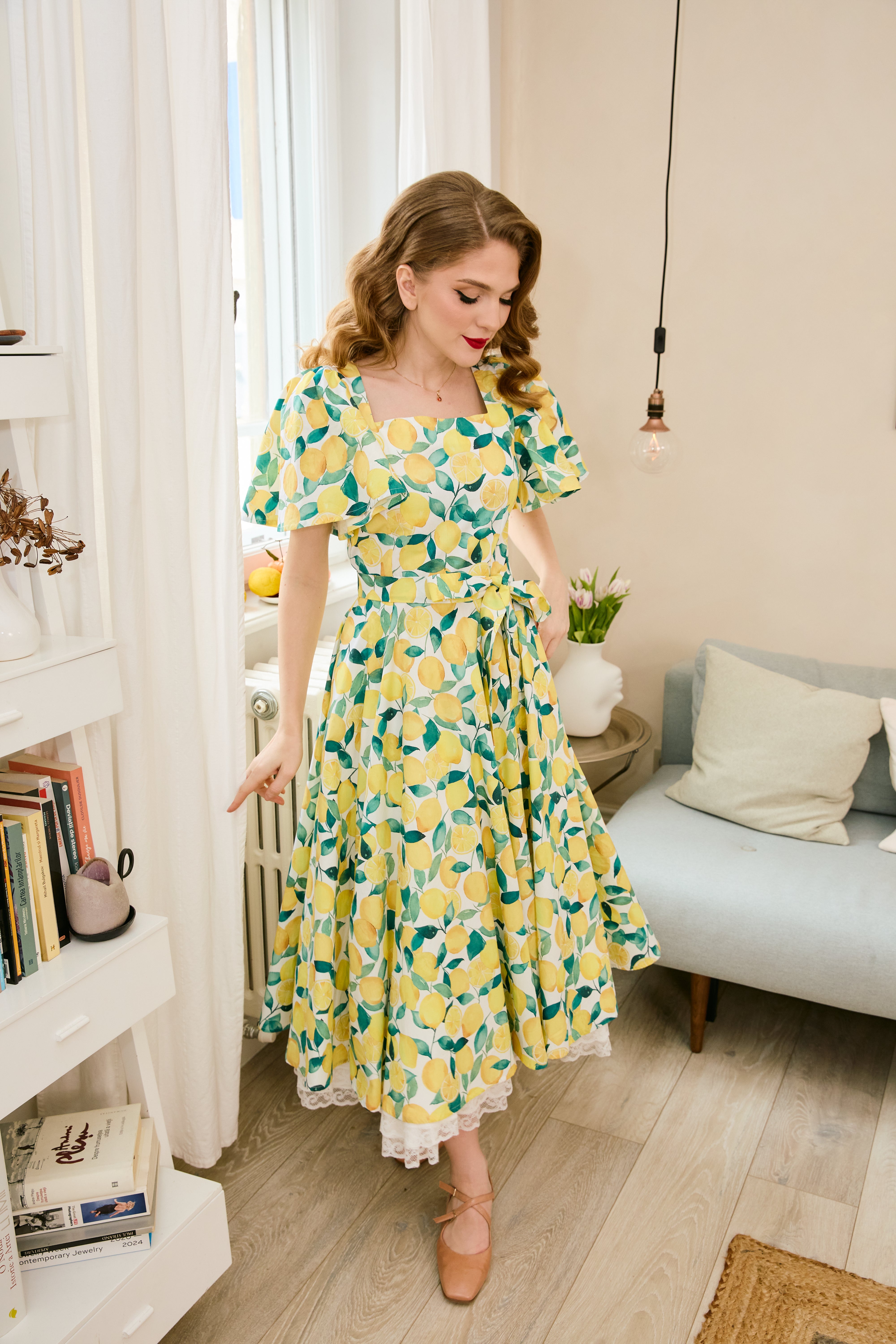 Rochie Midi Clos, cu Decolteu Patrat, din Bumbac cu Lamai