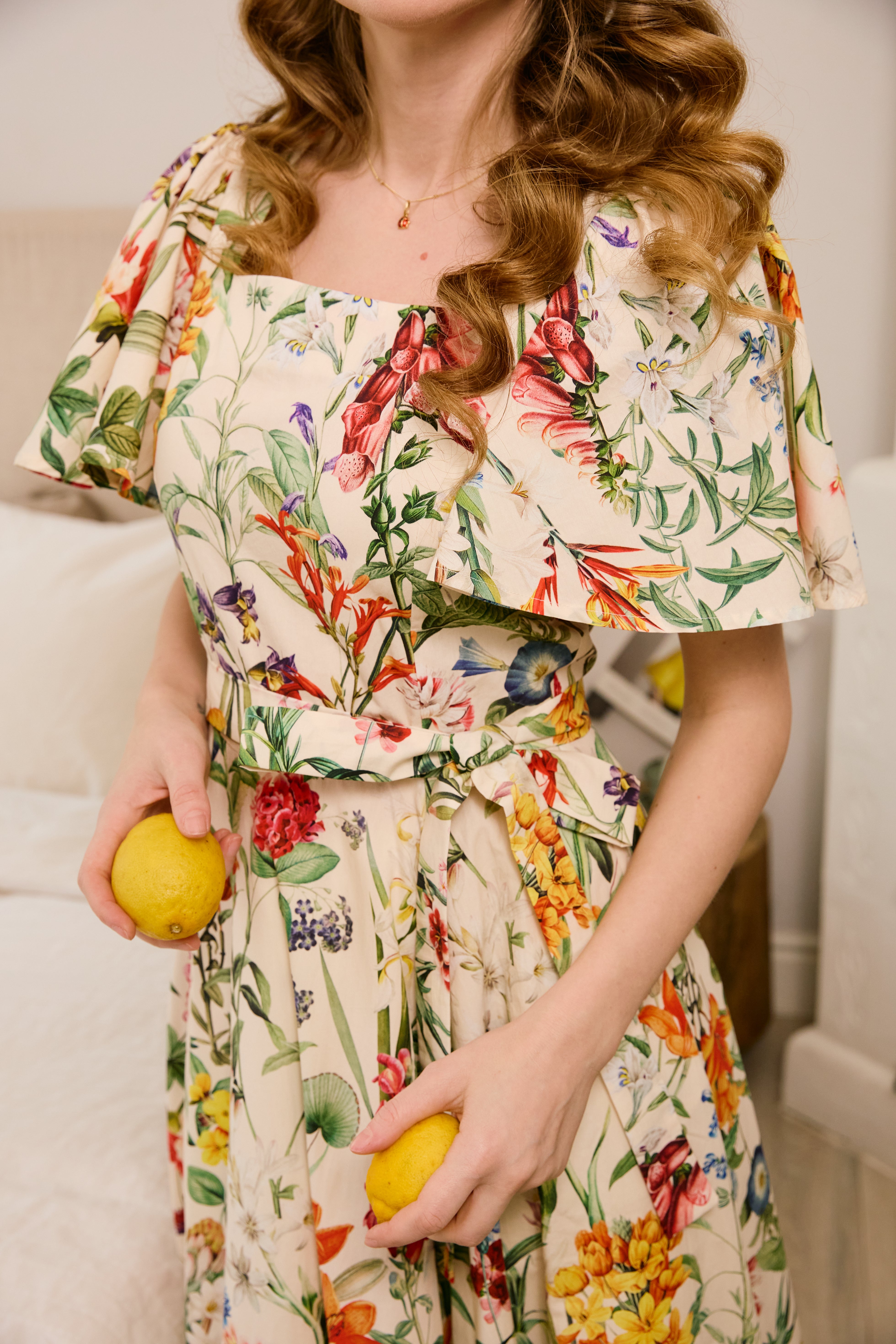 Rochie Midi Clos, cu Decolteu Patrat, din Bumbac cu Print Botanic