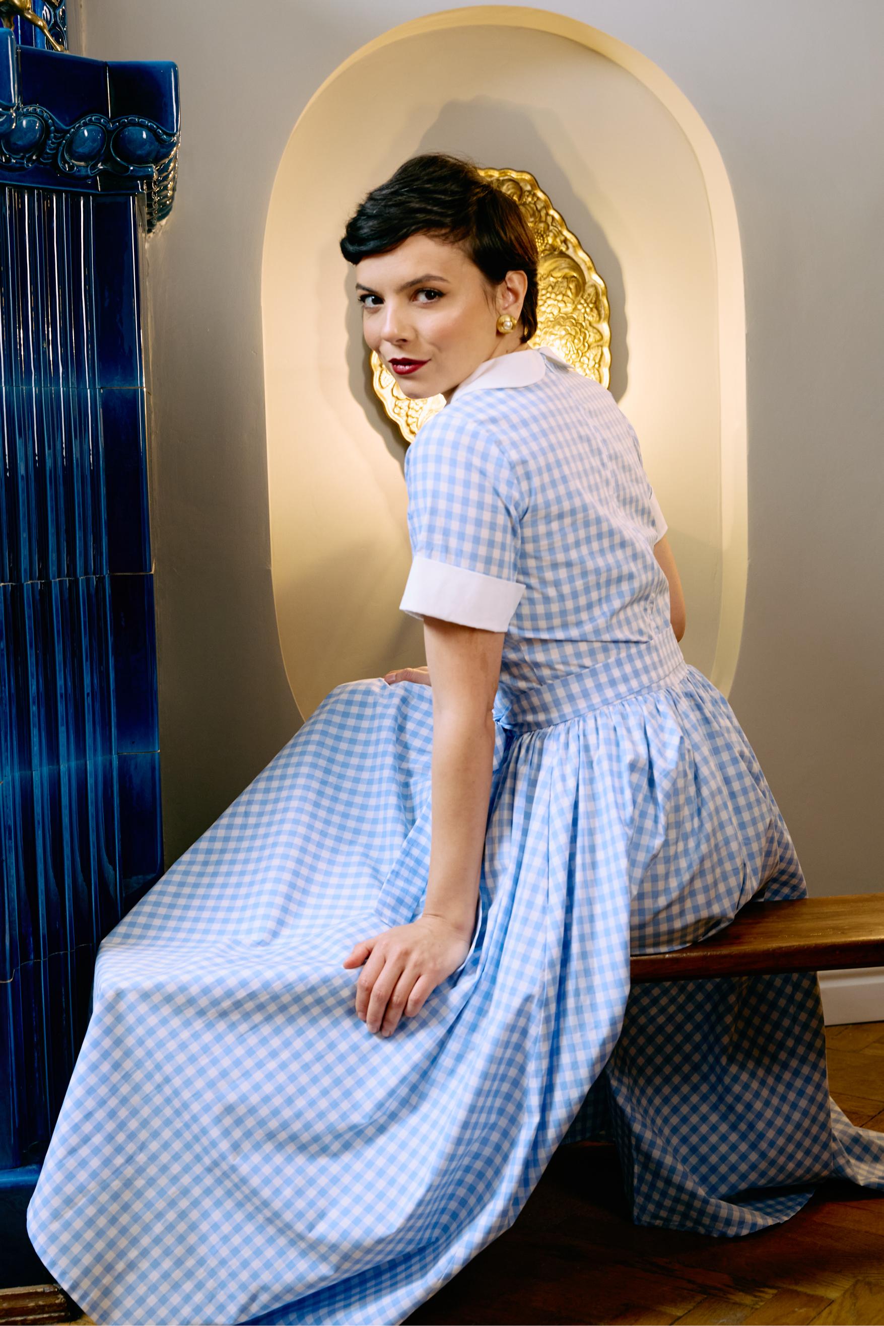 Rochie Midi in Carouri Bleu cu Guler si Mansete Albe, din Bumbac