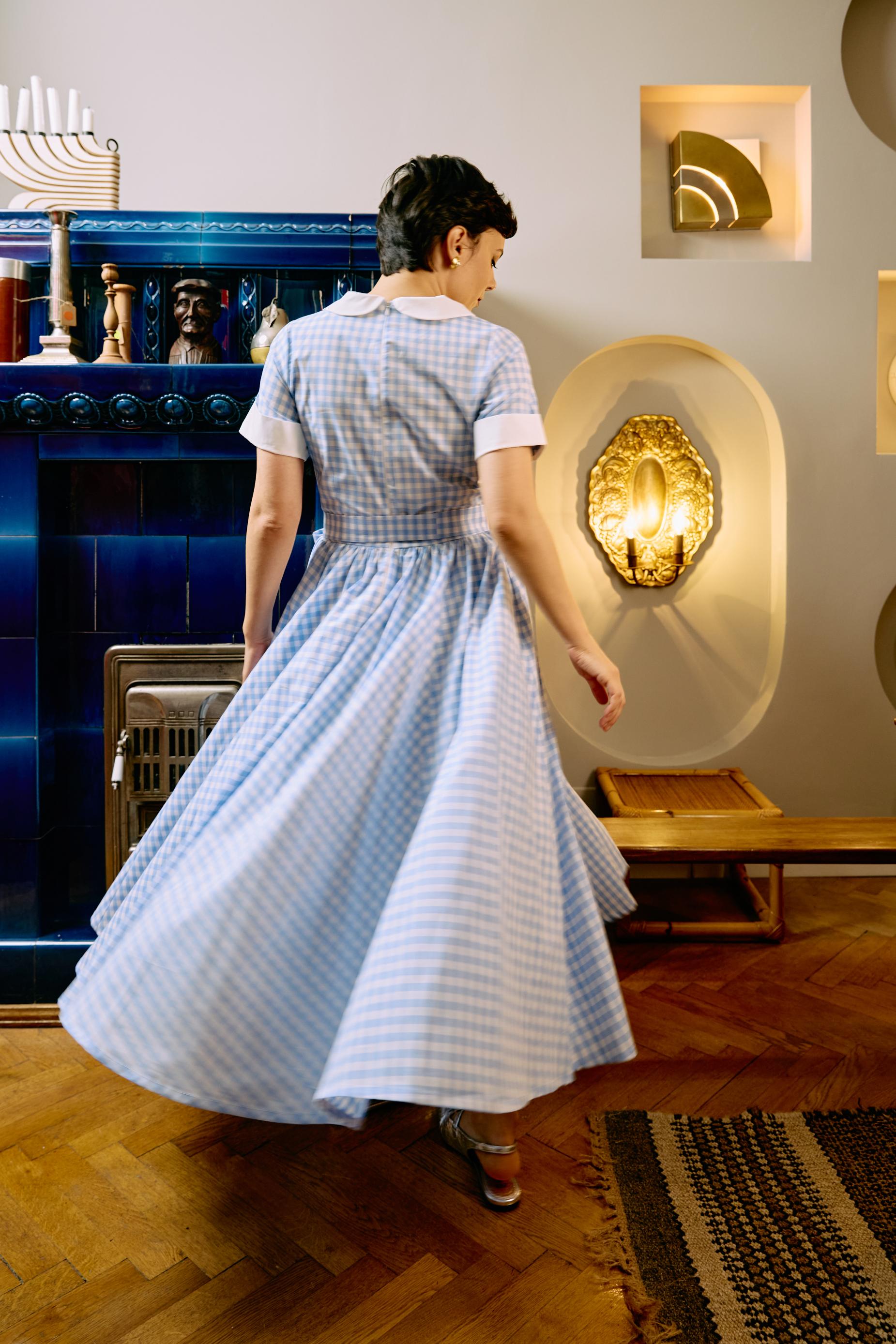 Rochie Midi in Carouri Bleu cu Guler si Mansete Albe, din Bumbac
