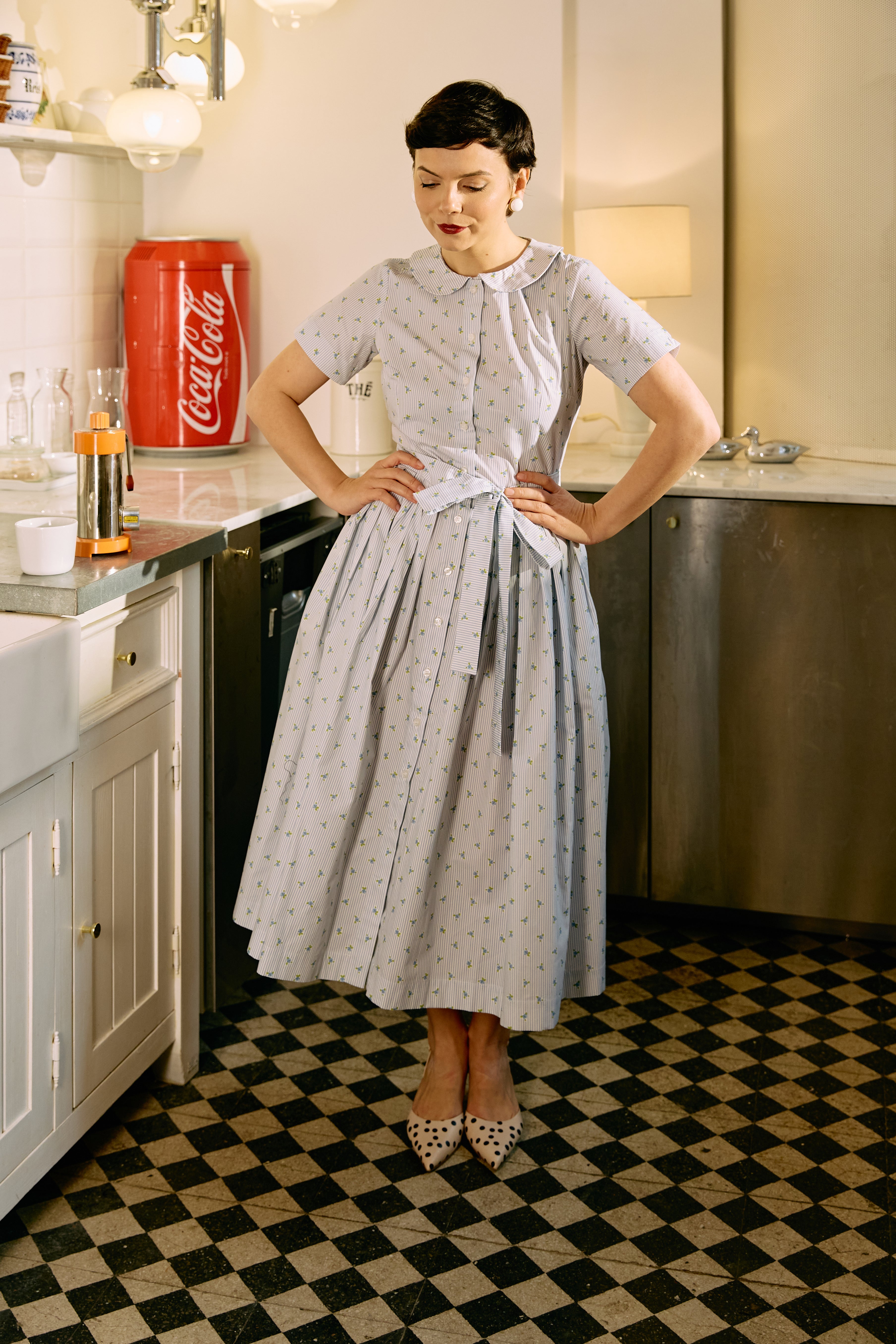 Floral and Striped Midi Shirt Dress, Blue