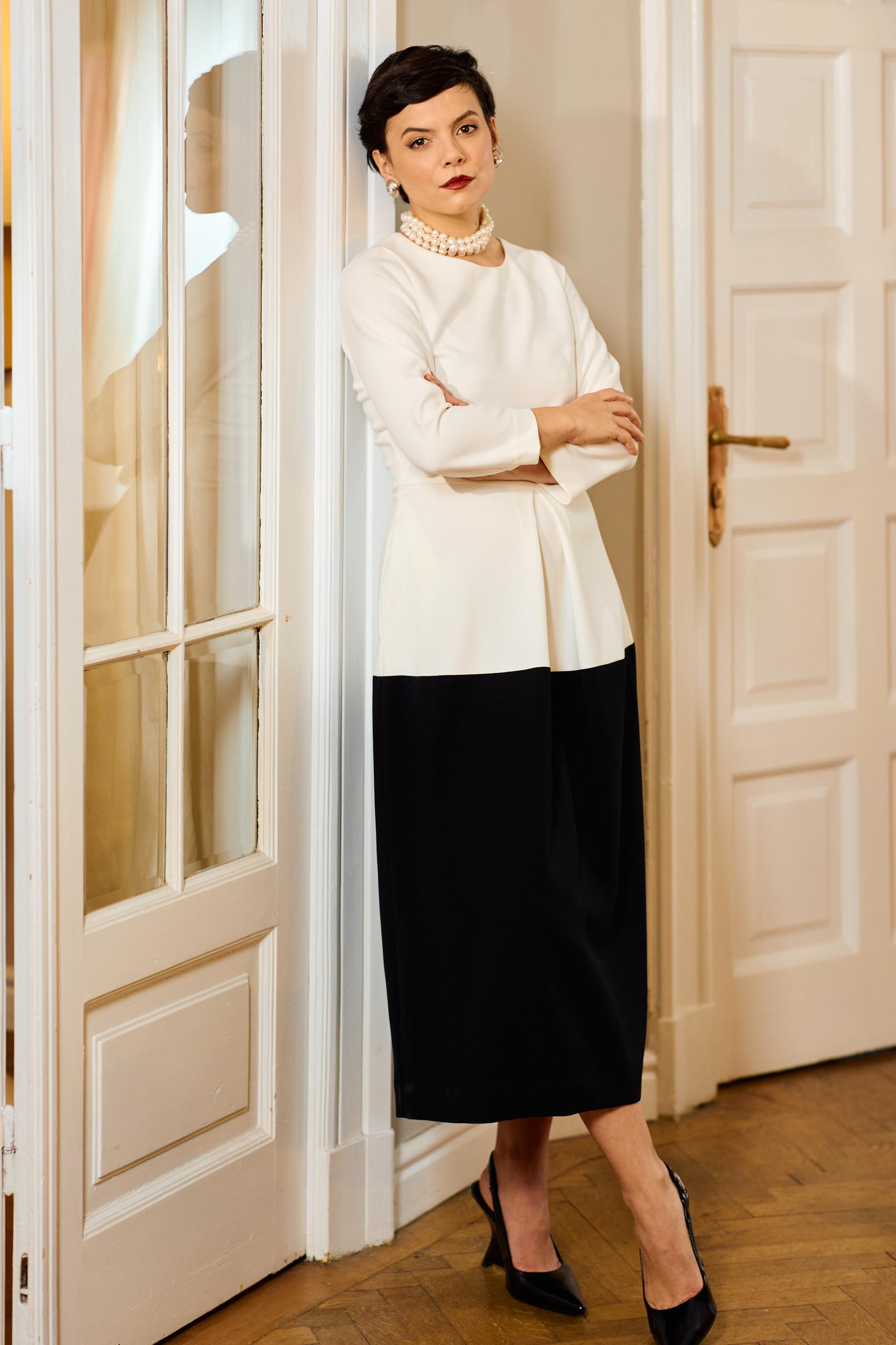 Rochie Office Midi din Viscoza, Alb cu Negru