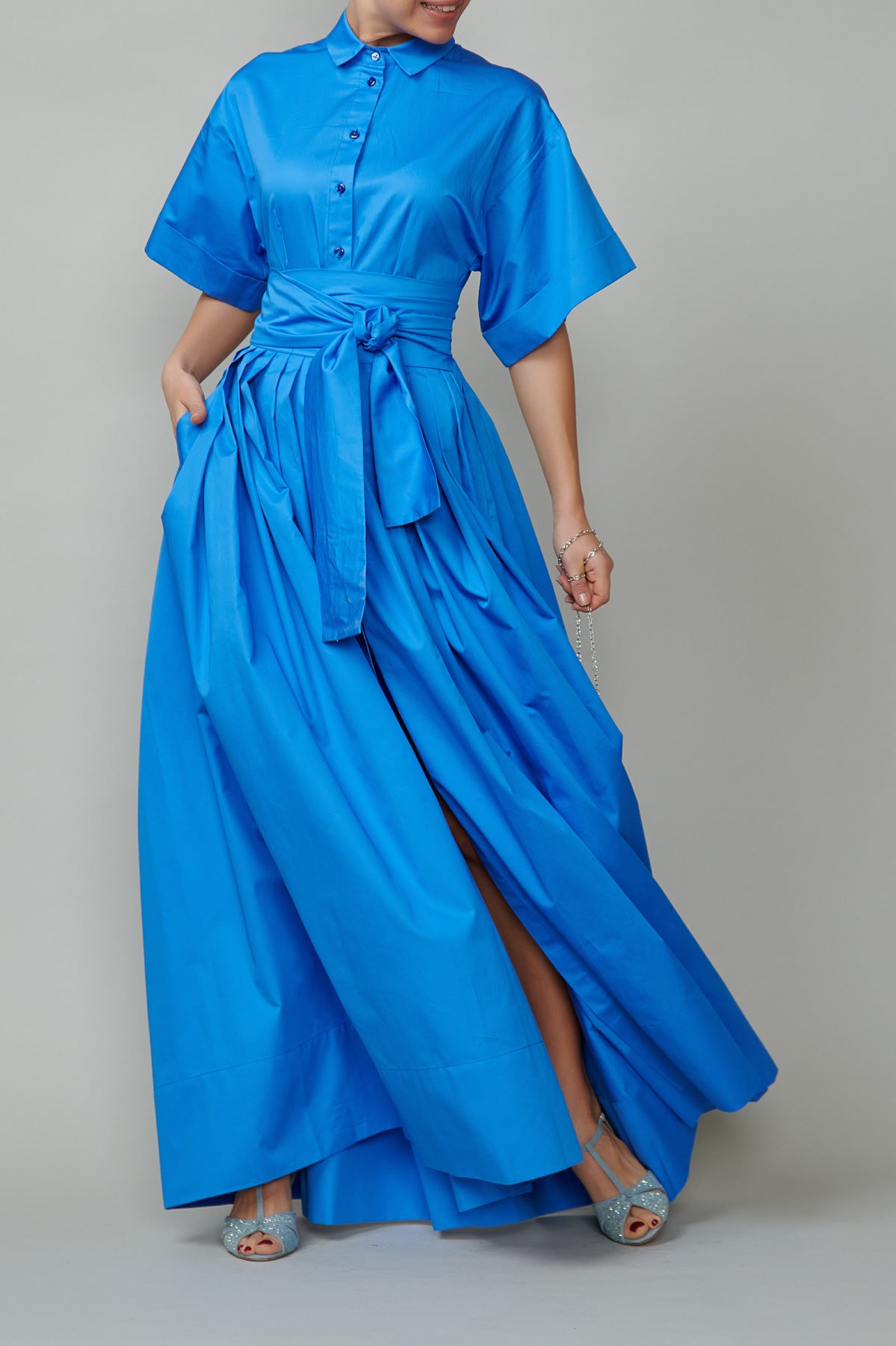 Evening dress, long, made of blue cotton