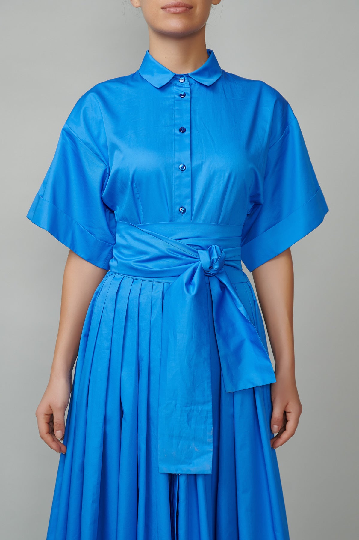 Evening dress, long, made of blue cotton