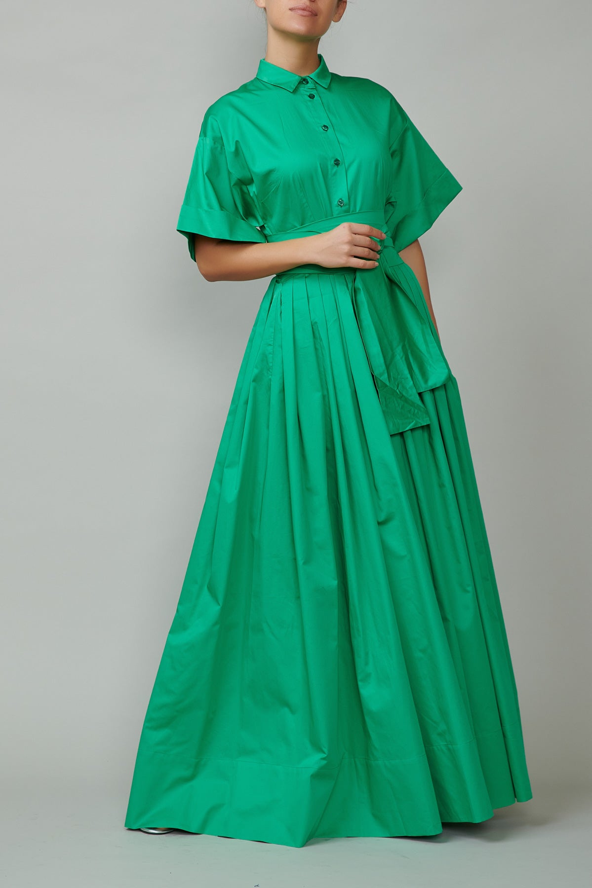 Long Cotton Shirt Dress, Green