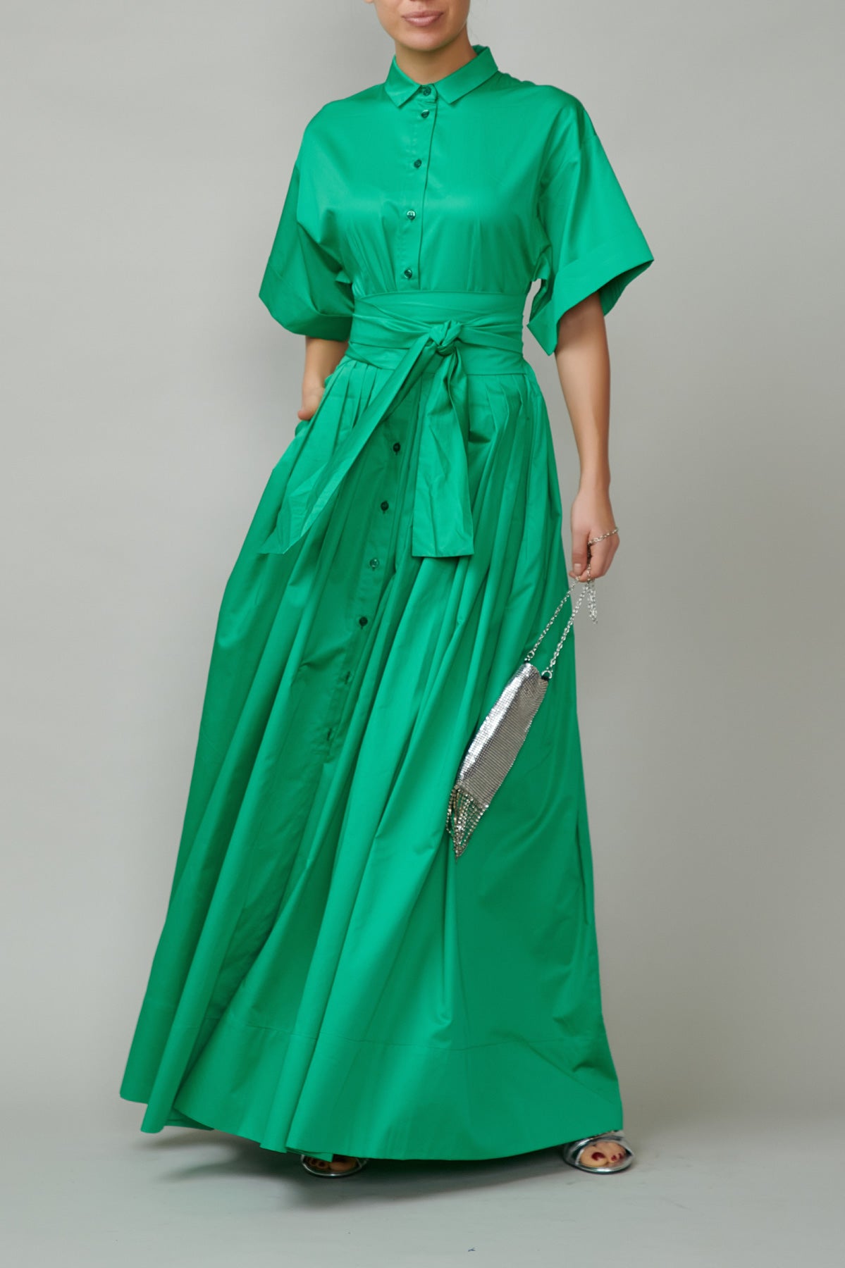 Evening dress, long, made of green cotton