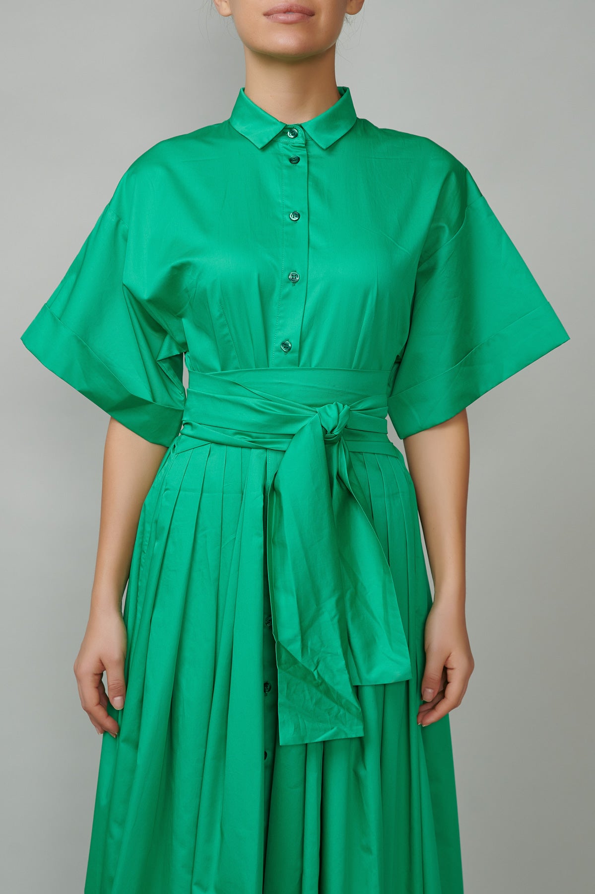 Evening dress, long, made of green cotton