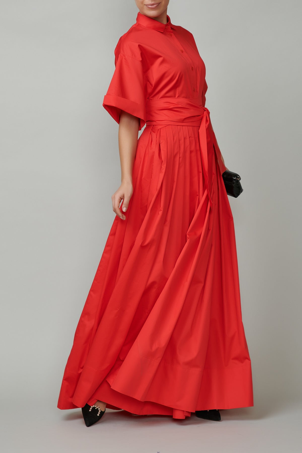 Long Cotton Shirt Dress, Red