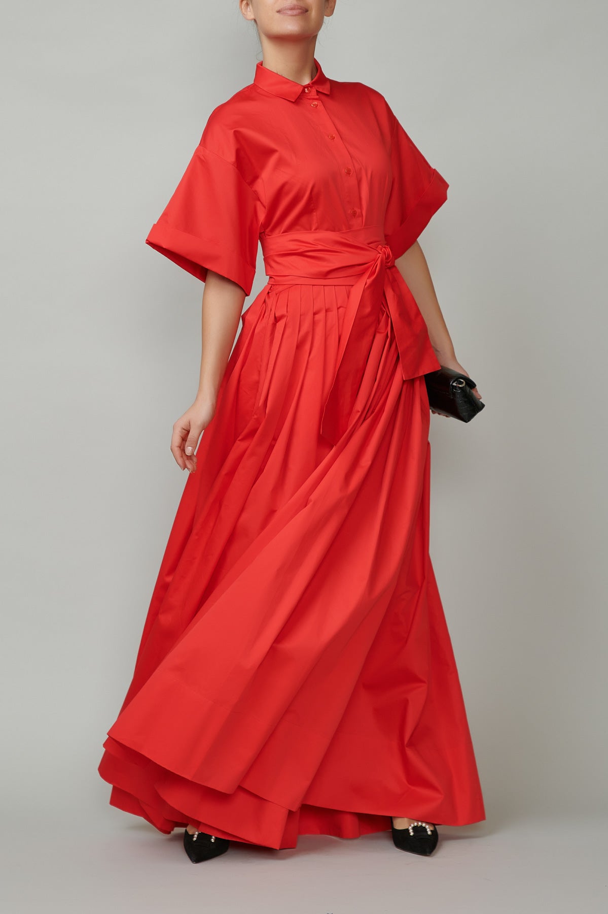 Evening dress, long, made of red cotton