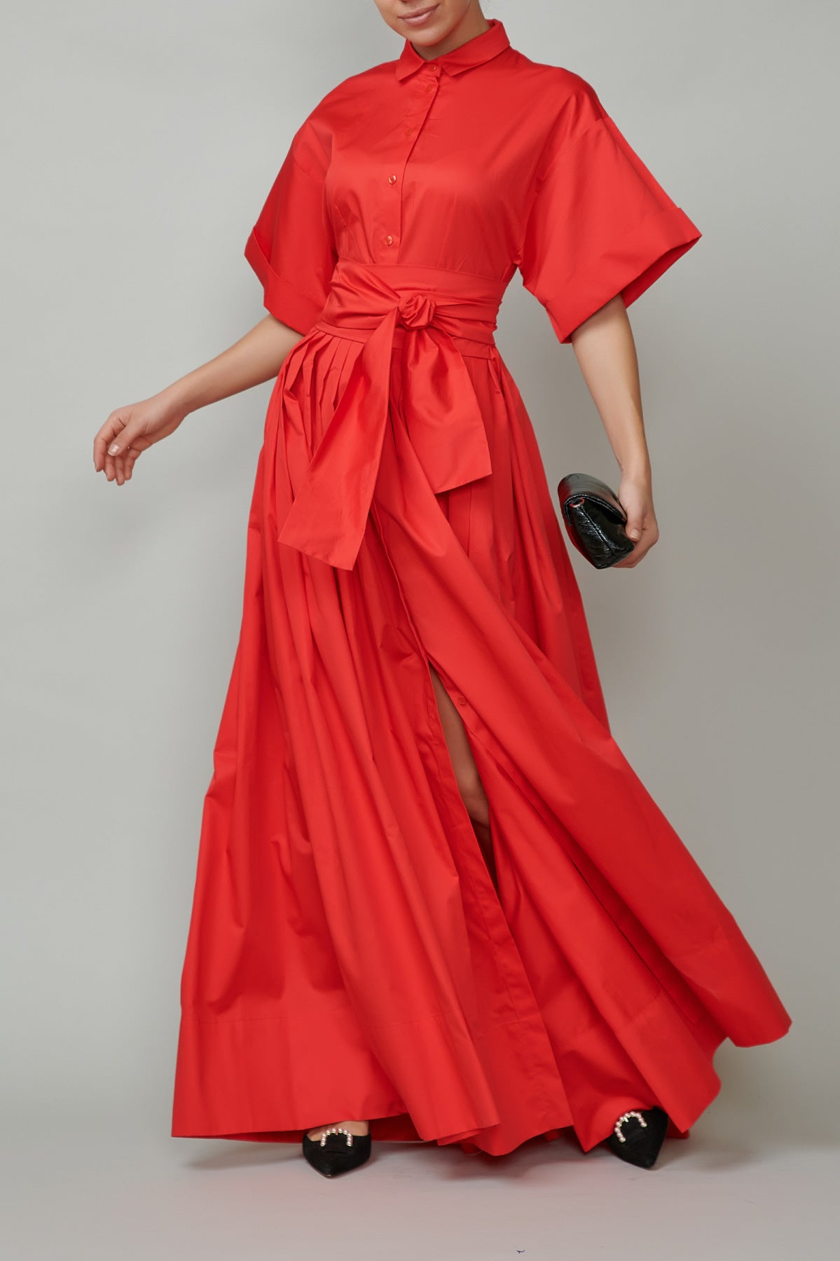 Long Cotton Shirt Dress, Red