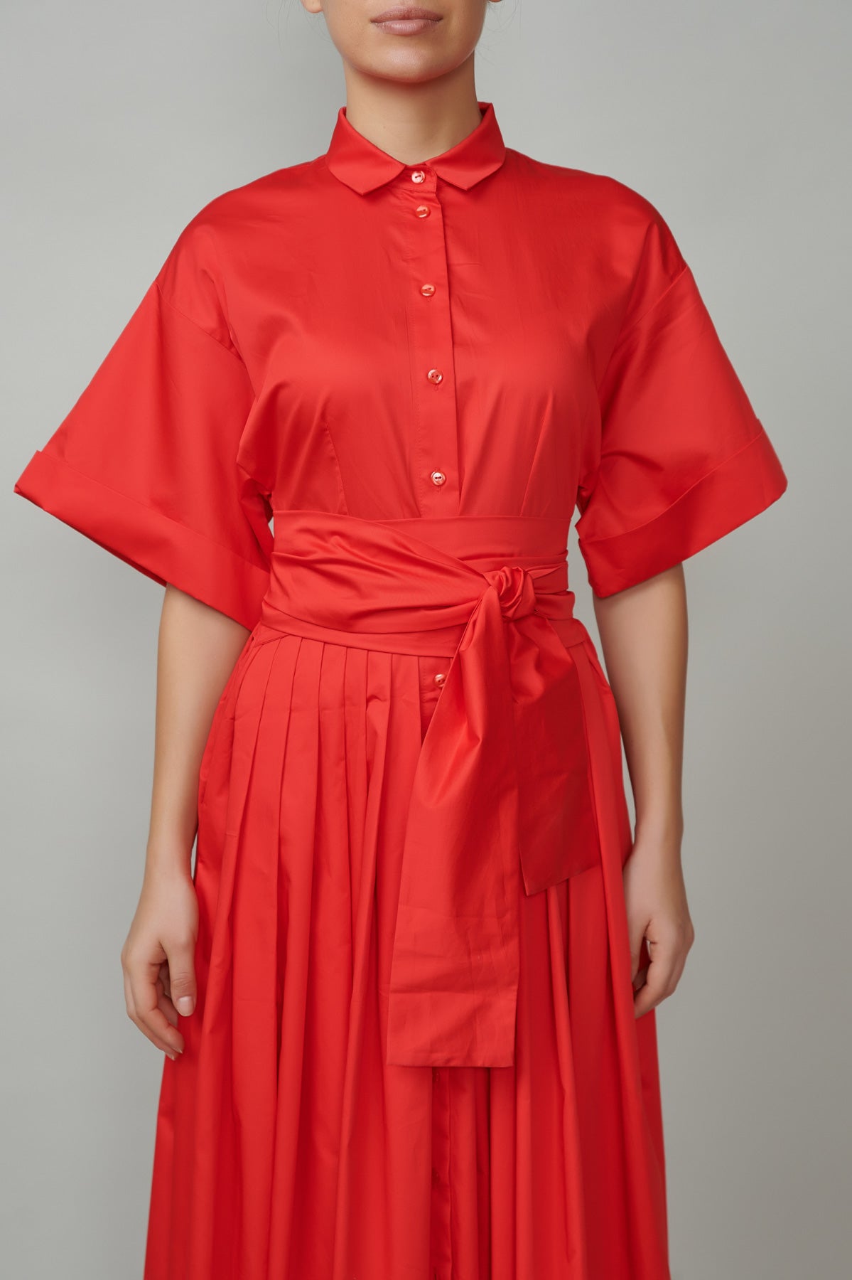 Long Cotton Shirt Dress, Red