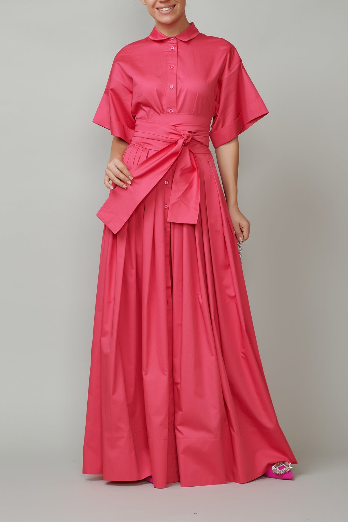 Evening dress, long, made of raspberry pink cotton