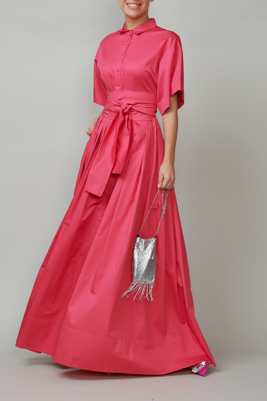Evening dress, long, made of raspberry pink cotton