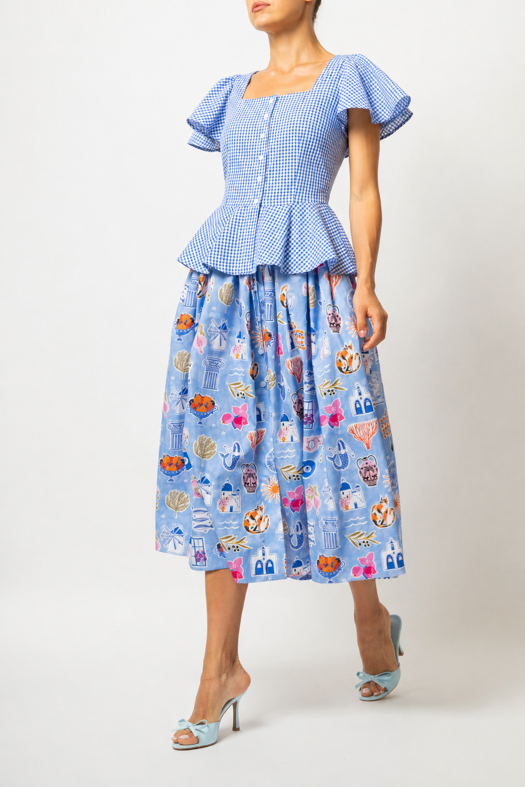 Bluza cu Peplum, din Bumbac in Carouri Bleu
