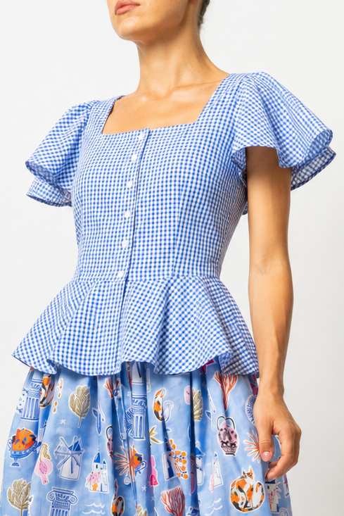 Bluza cu Peplum, din Bumbac in Carouri Bleu