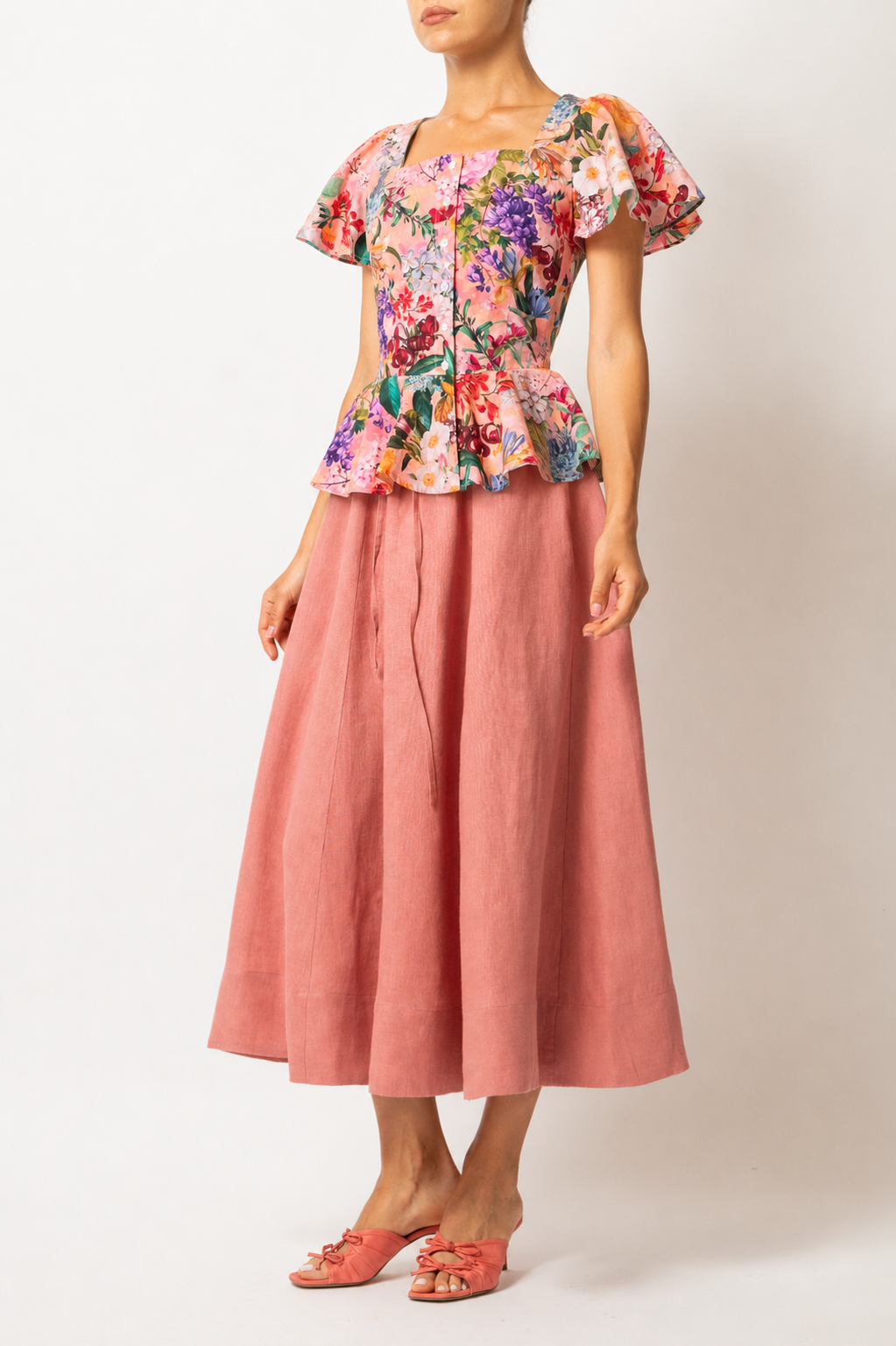 Bluza cu Peplum, din Bumbac cu Flori pe Roz