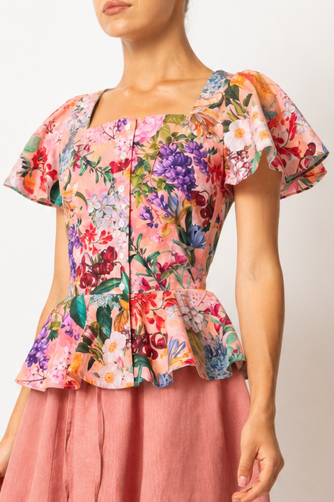 Bluza cu Peplum, din Bumbac cu Flori pe Roz