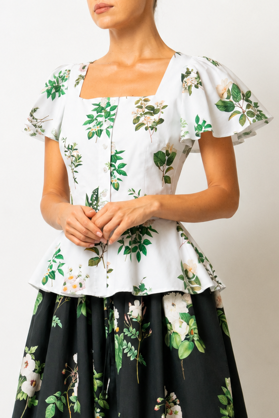 Bluza cu Peplum, din Bumbac cu Flori pe Alb