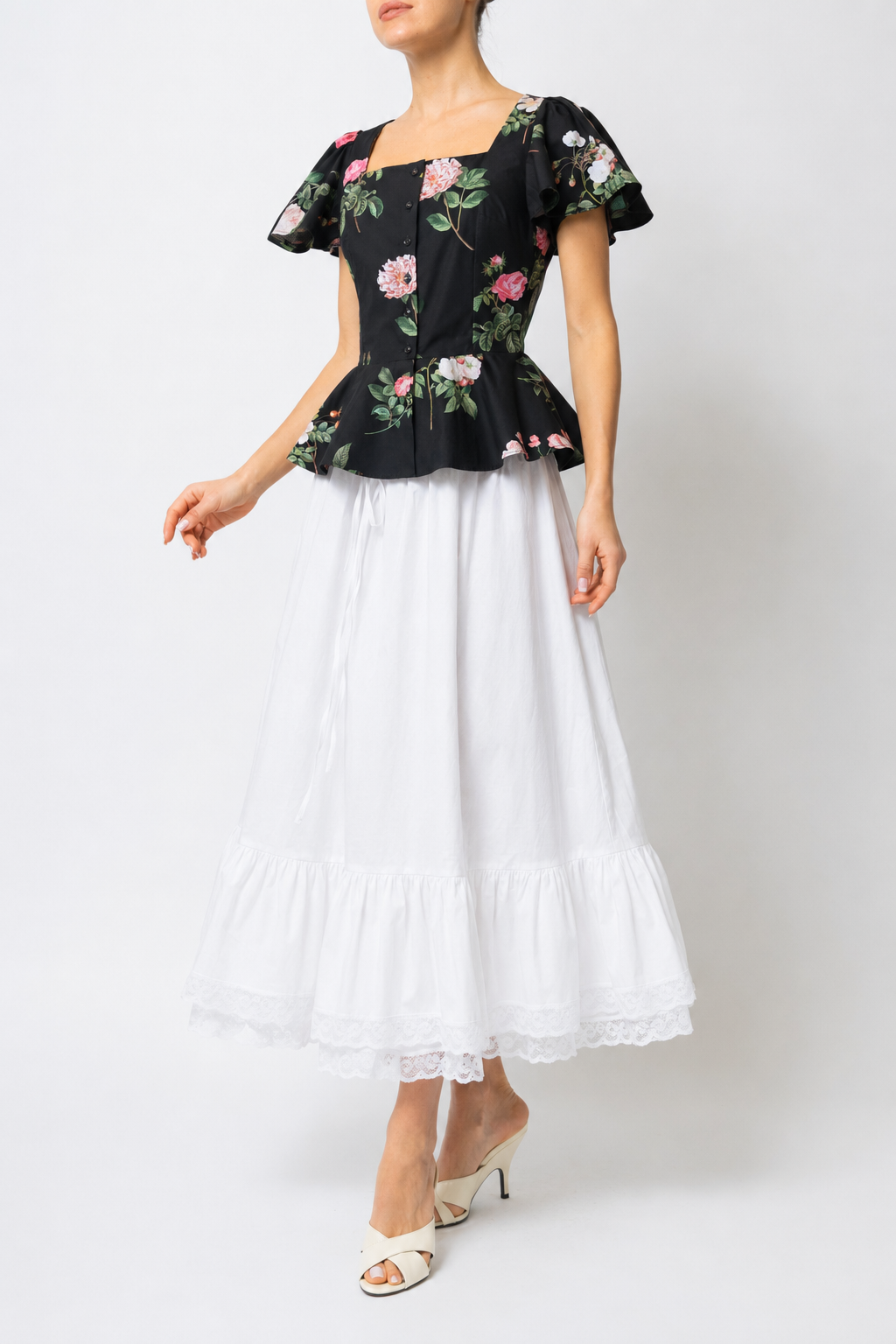 Bluza cu Peplum, din Bumbac cu Flori pe Negru