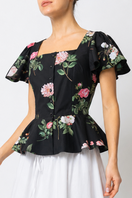 Bluza cu Peplum, din Bumbac cu Flori pe Negru