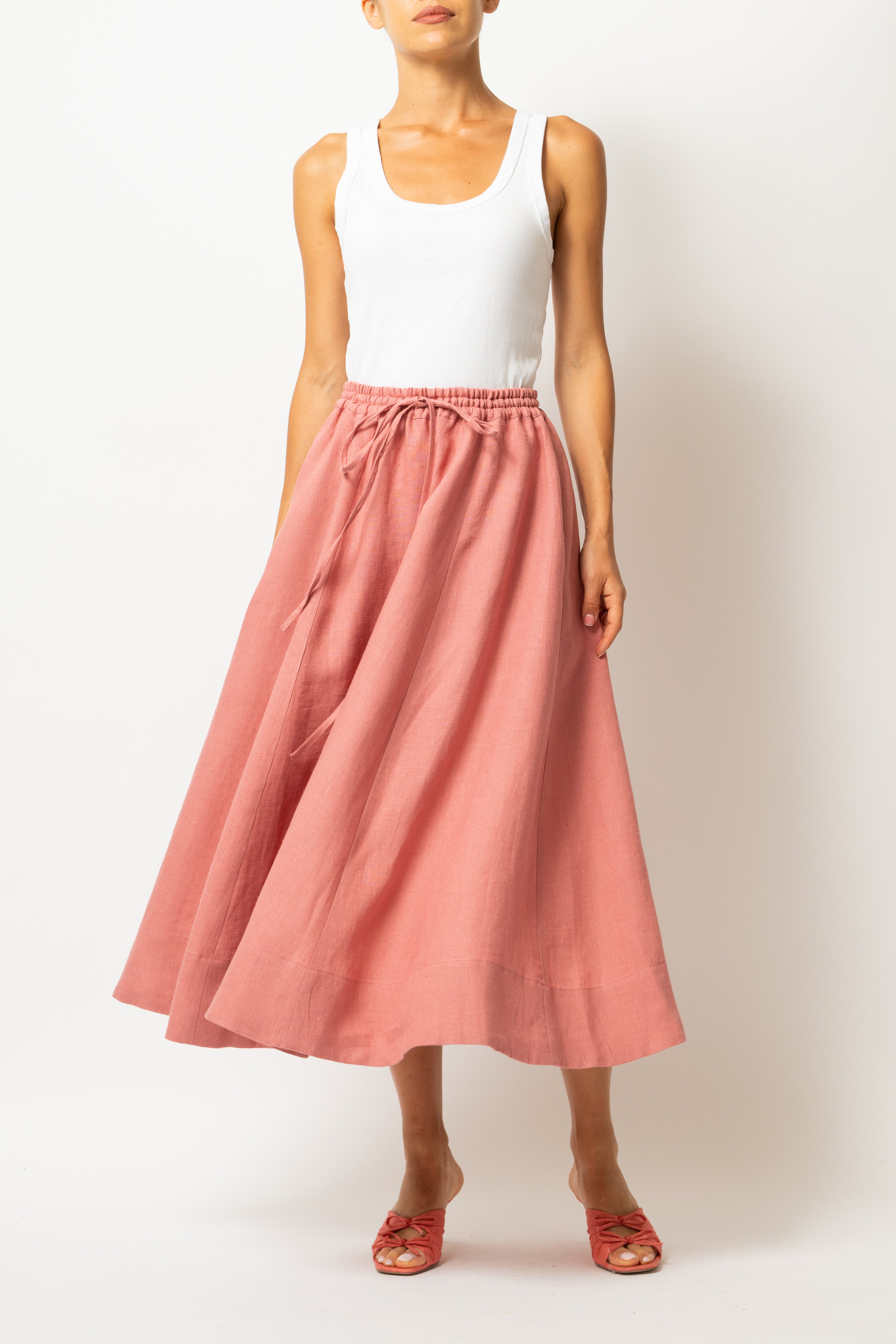 White linen midi skirt with ruffles and crocheted lace