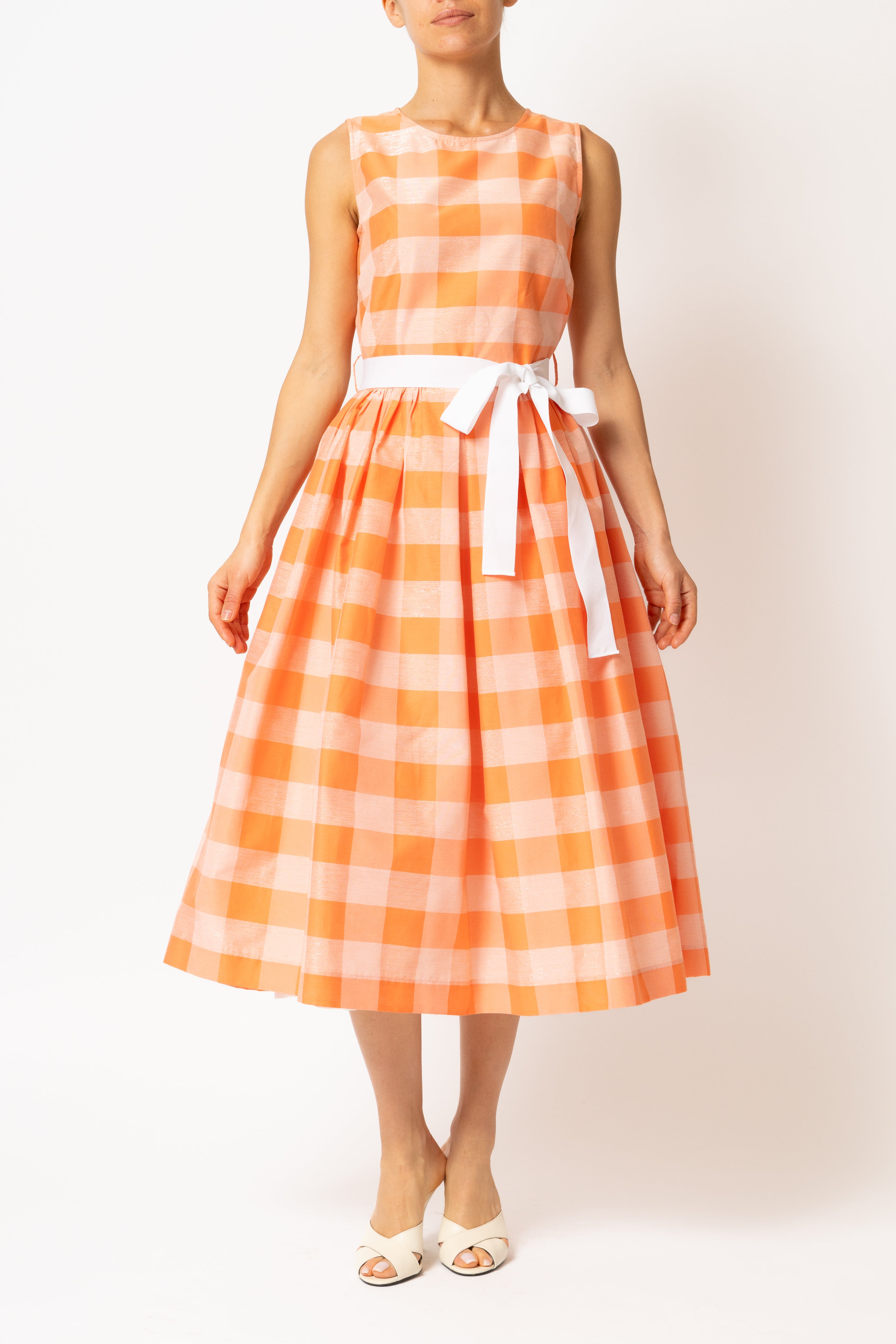 Light blue checked cotton midi dress with white cuffs and collar