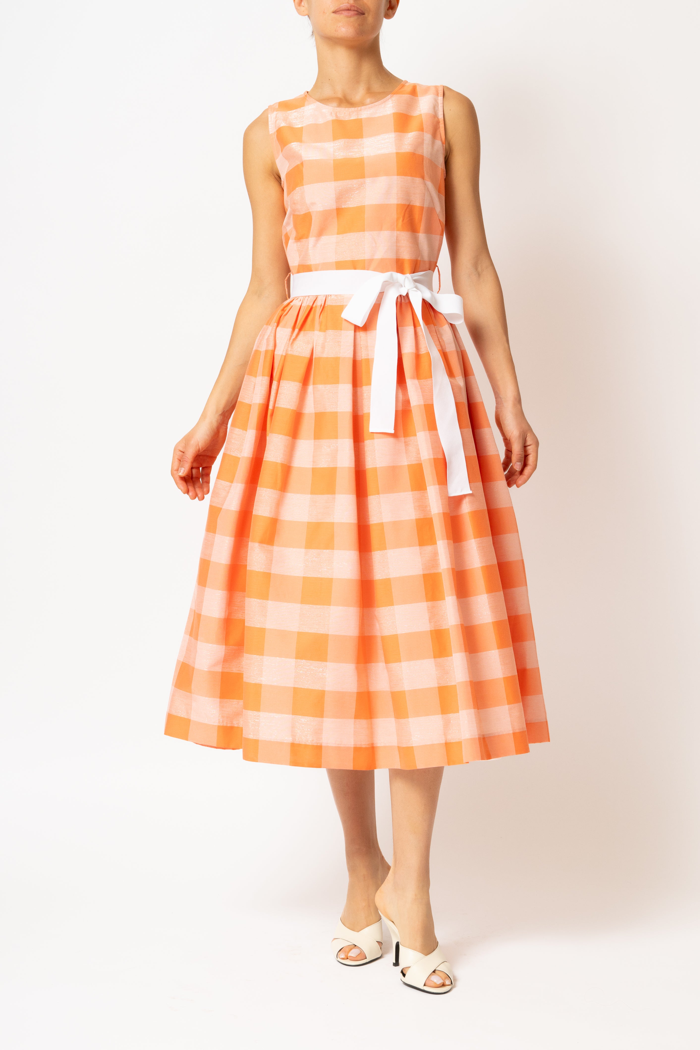Light blue checked cotton midi dress with white cuffs and collar
