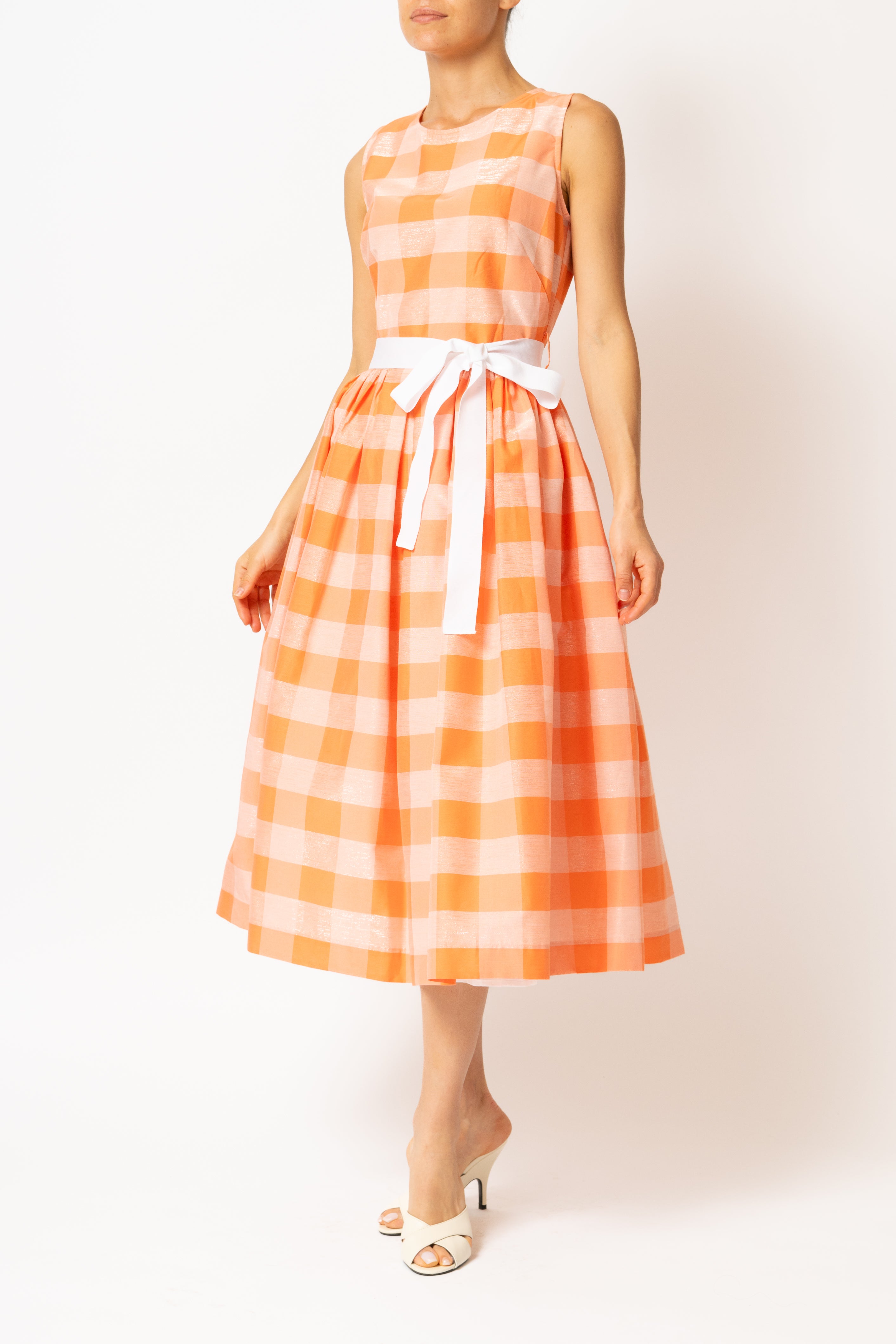 Light blue checked cotton midi dress with white cuffs and collar