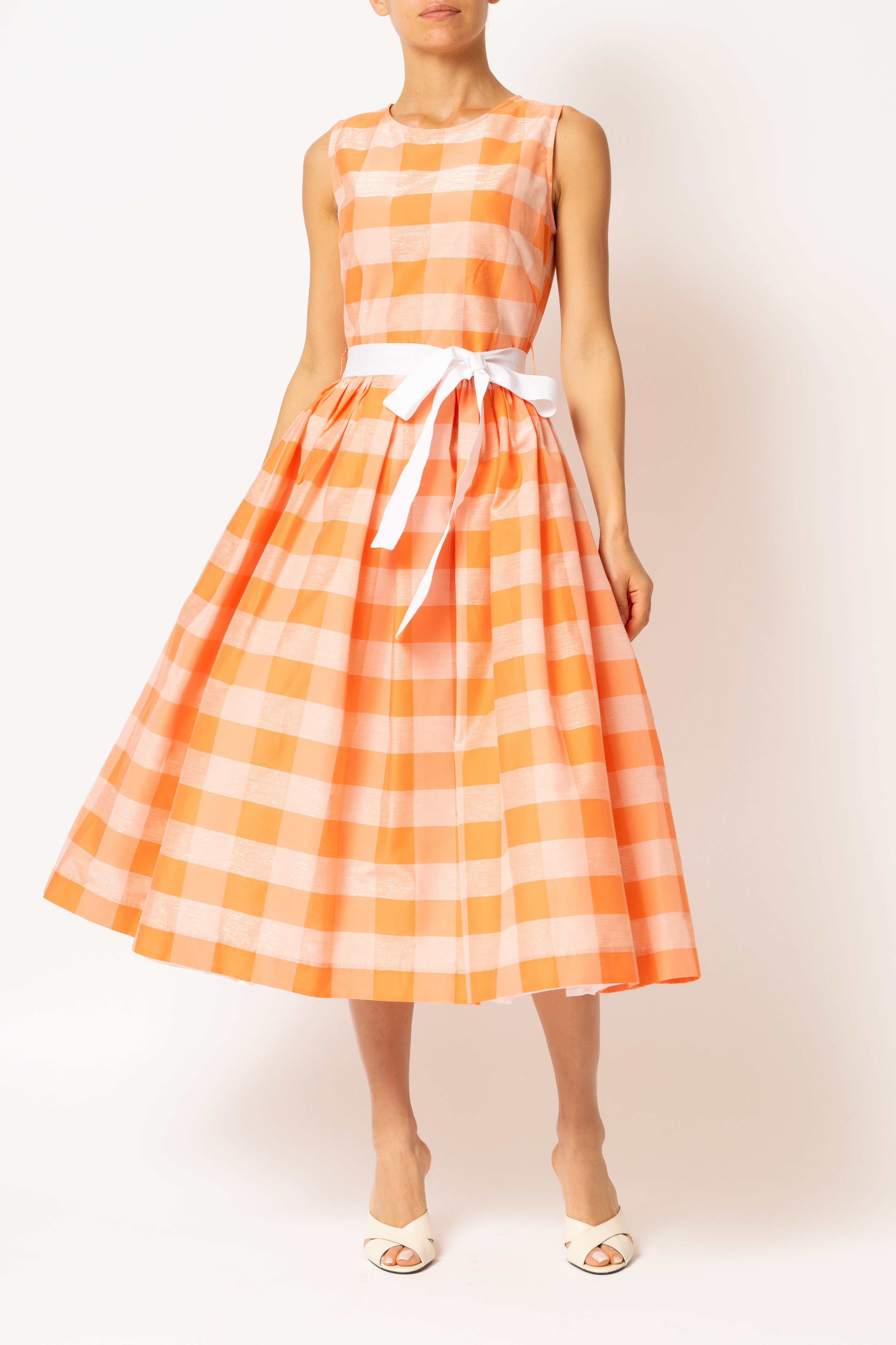 Light blue checked cotton midi dress with white cuffs and collar