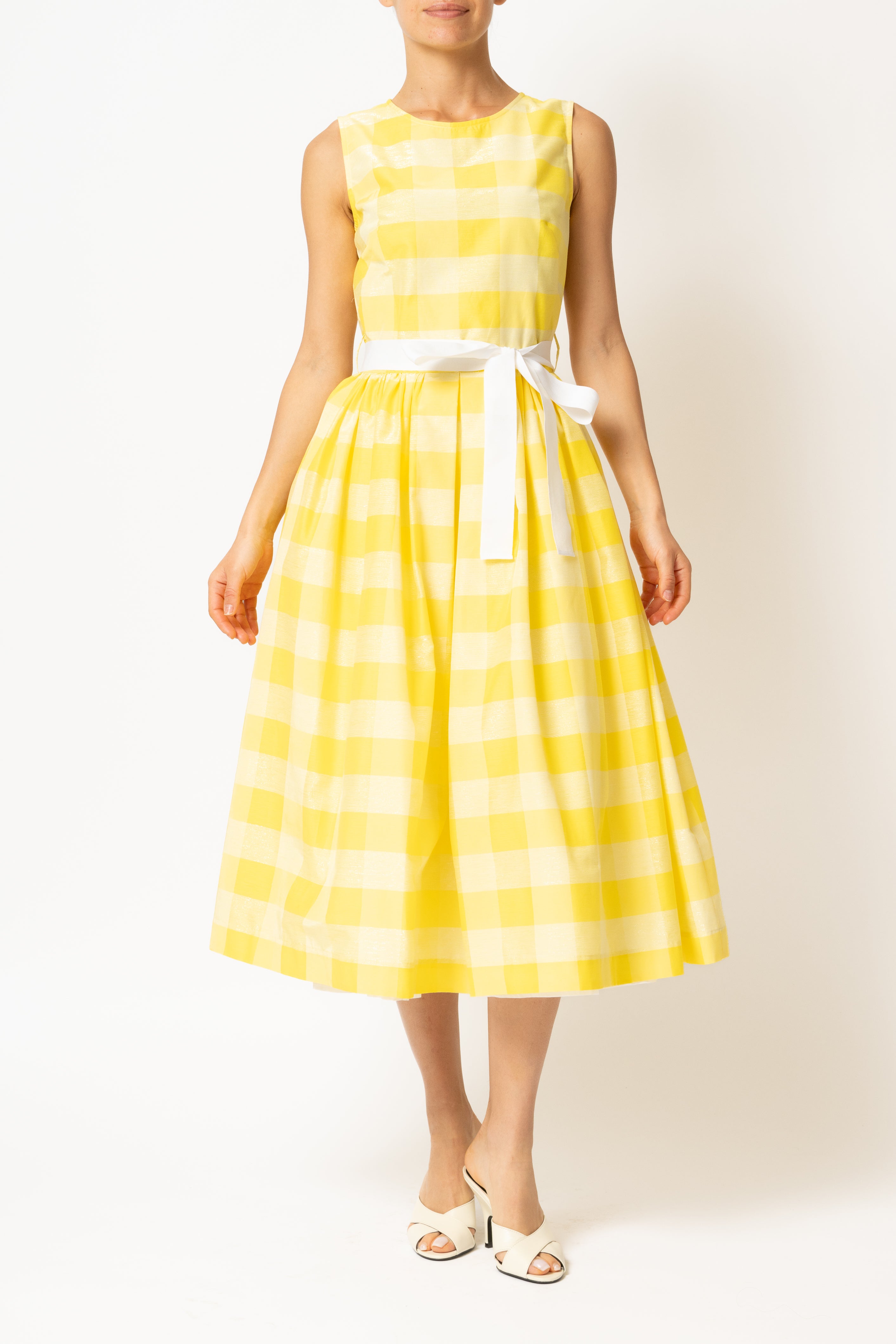 Light blue checked cotton midi dress with white cuffs and collar